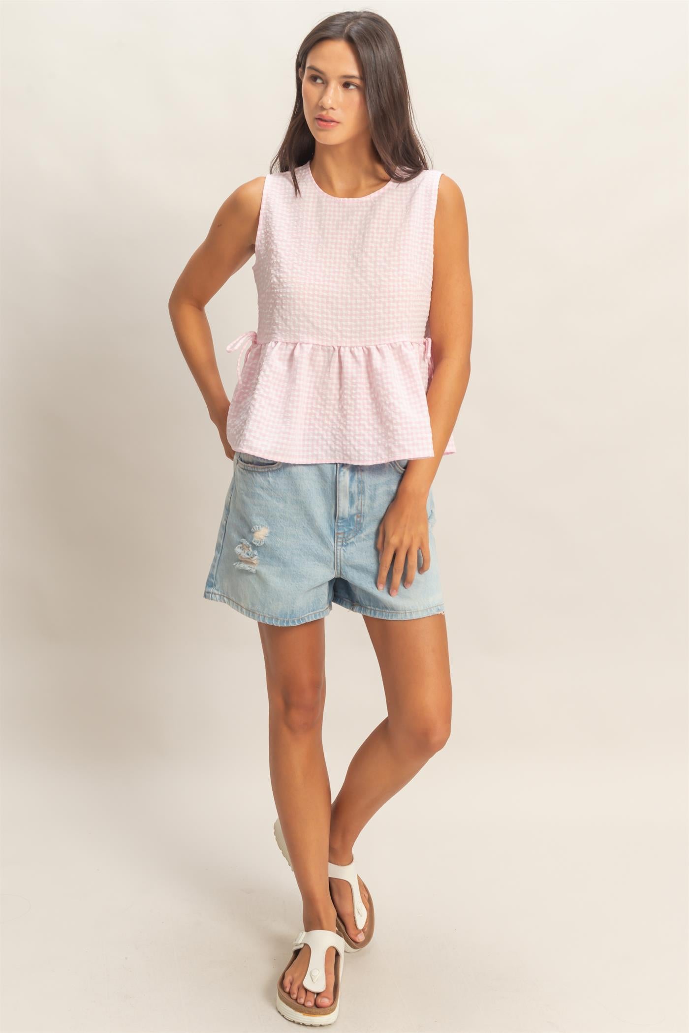 Wholesale Gingham Sleeveless Peplum Top With Side Ties Blouses DZ26C073 PINK HYFVE