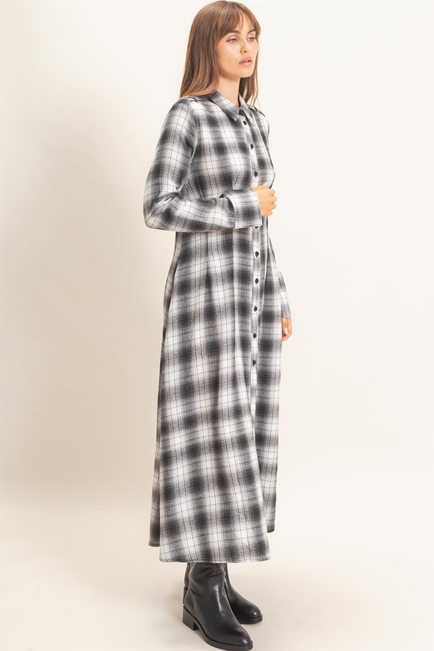 Wholesale Plaid Button-Down Maxi Dress Dresses HF26E999 BLACK HYFVE