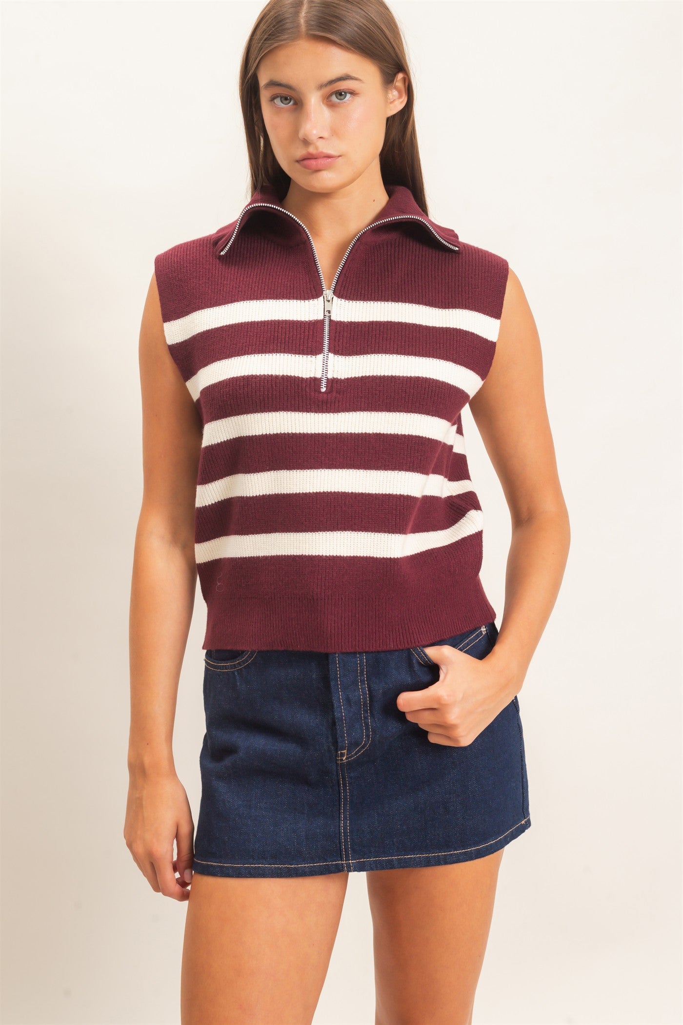 Wholesale Half-Zip Sleeveless Stripe Sweater Sweaters DZ26E951 DARK CHERRY DOUBLE ZERO