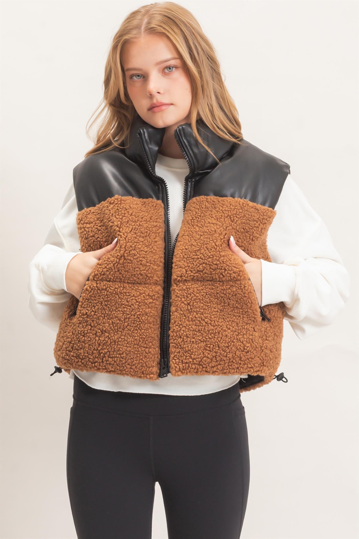 Wholesale Faux Fur & Pu Padded Vest Outerwear HF26F204 LIGHT BROWN HYFVE