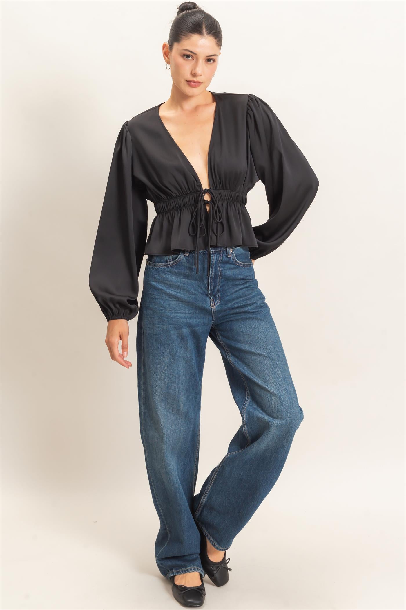 Wholesale Plunging Tie-Front Blouse Blouses HF26F082 BLACK HYFVE