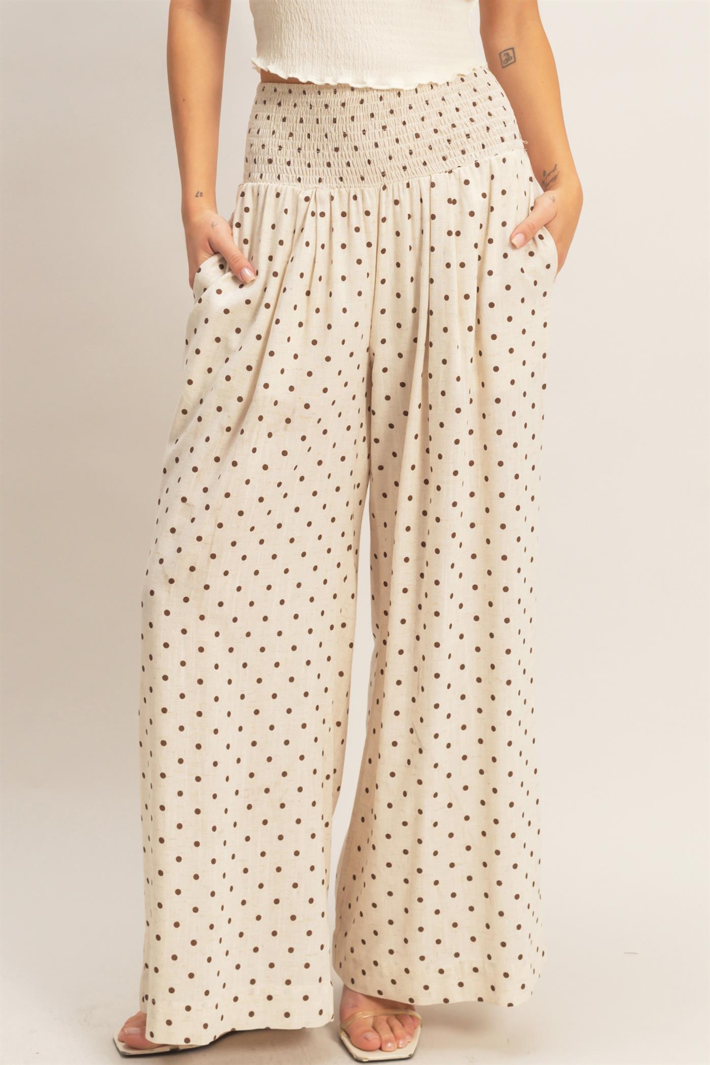 Wholesale Polka Dot Elastic Wide-Leg Pants Pants HF26C280 OATMEAL HYFVE