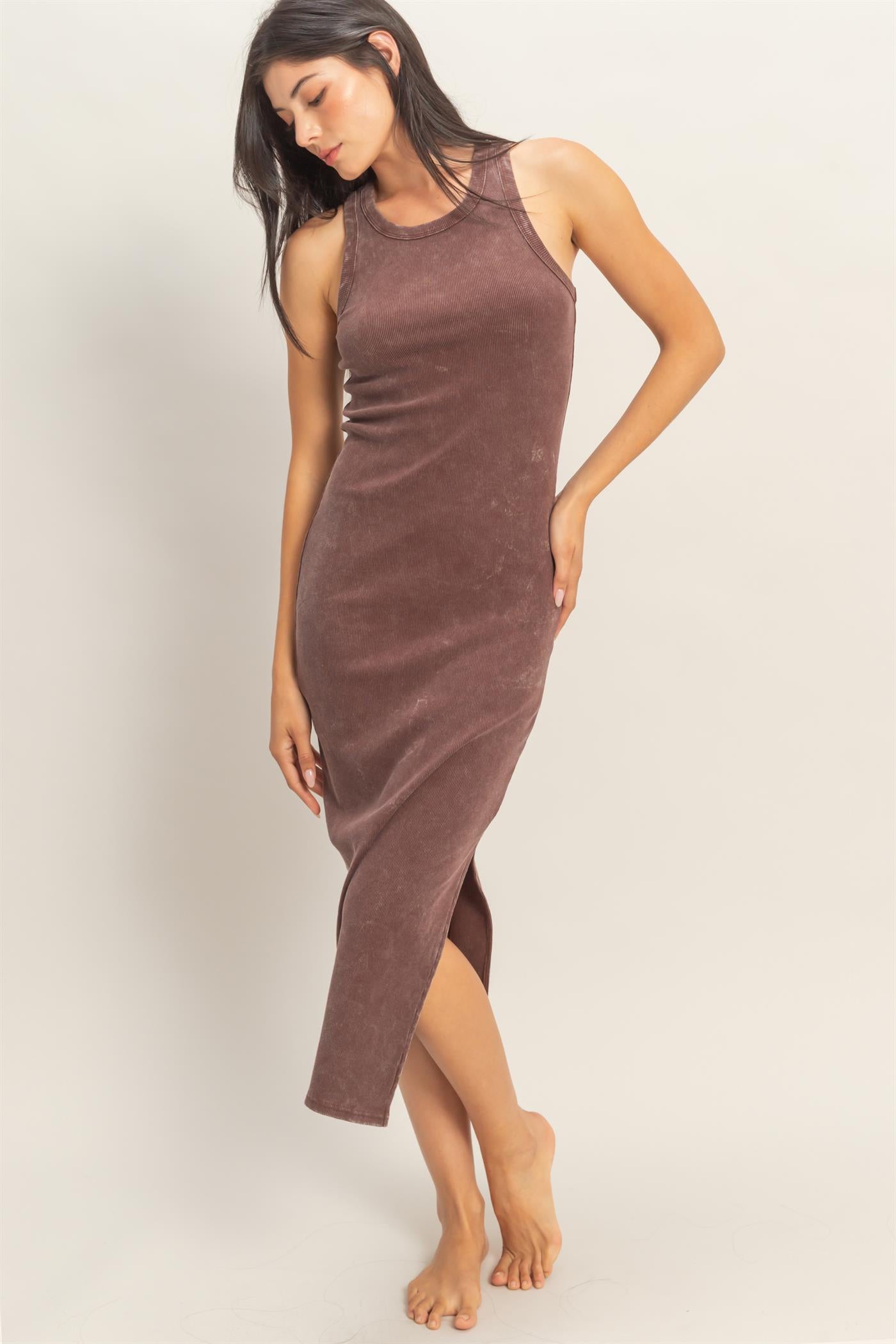 Wholesale Acid Washed Ribbed Midi Tank Dress Dresses DZ26C060 CHOCOLATE DOUBLE ZERO