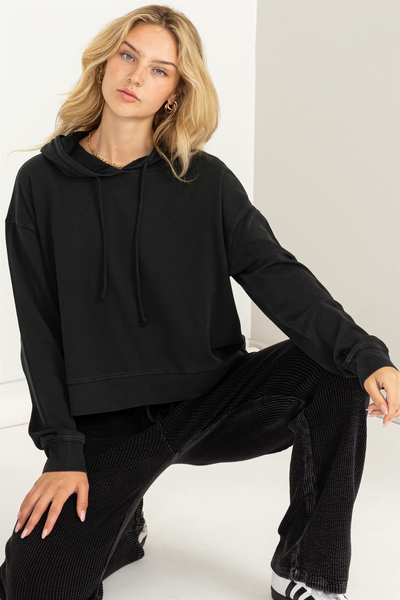 Wholesale Long Sleeve Drawstring Hoodie Clothing Tops DZ23E999 BLACK DOUBLE ZERO