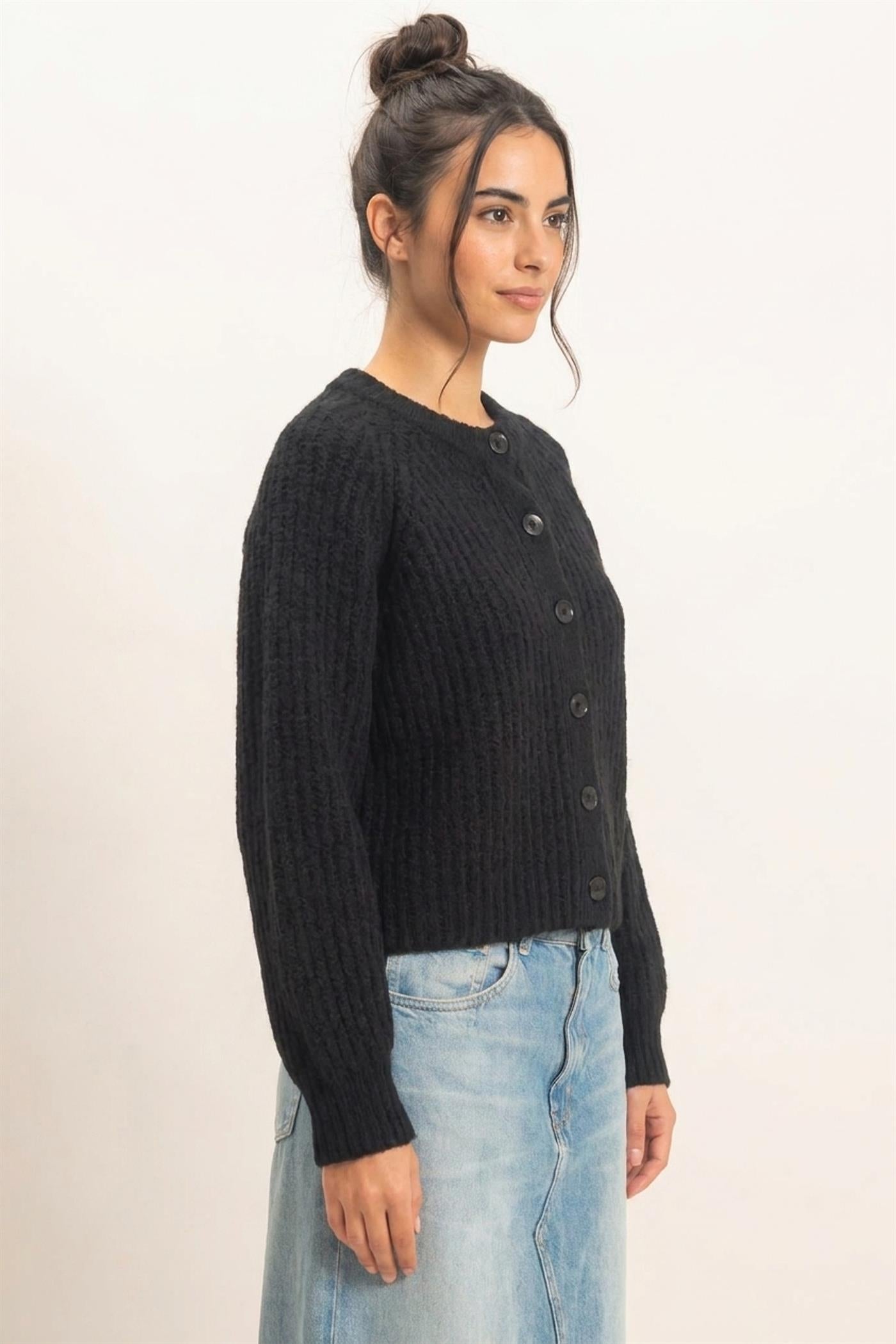 Wholesale Ribbed Button Front Cardigan Cardigans DZ26E109 BLACK DOUBLE ZERO