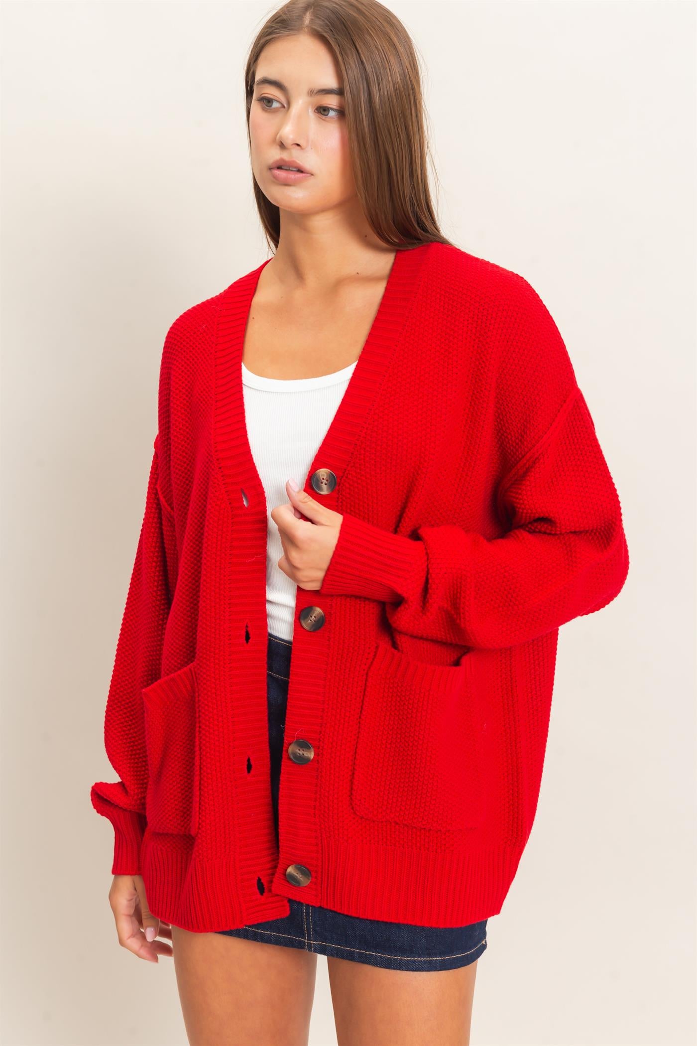 Wholesale Textured Oversized Knit Buttoned Cardigan Cardigans DZ26C971 RED DOUBLE ZERO