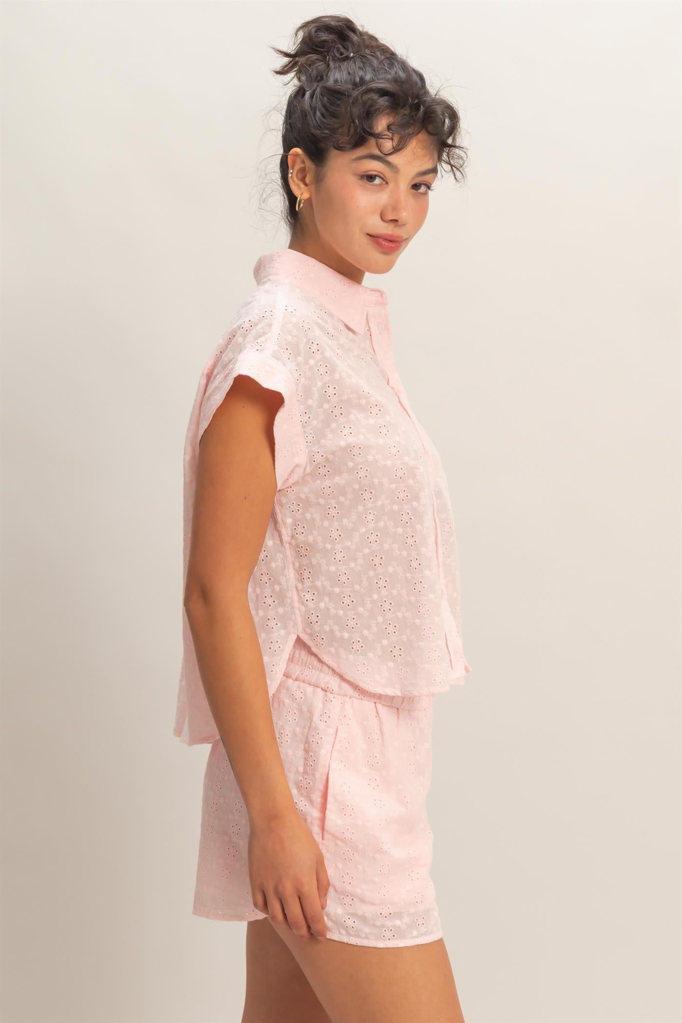 Wholesale Eyelet Dolman Short Sleeve Button Up Shirt Clothing Tops DZ26C088 SOFT PINK DOUBLE ZERO