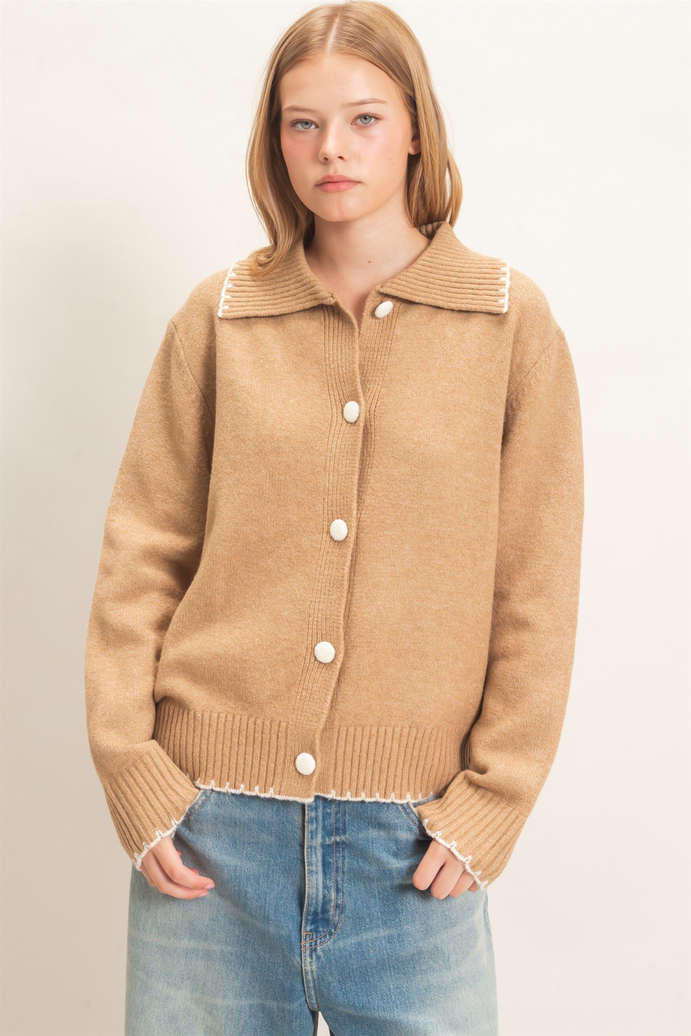 Wholesale Blanket Stitch Collared Cardigan Cardigans HF26F356 CAMEL HYFVE