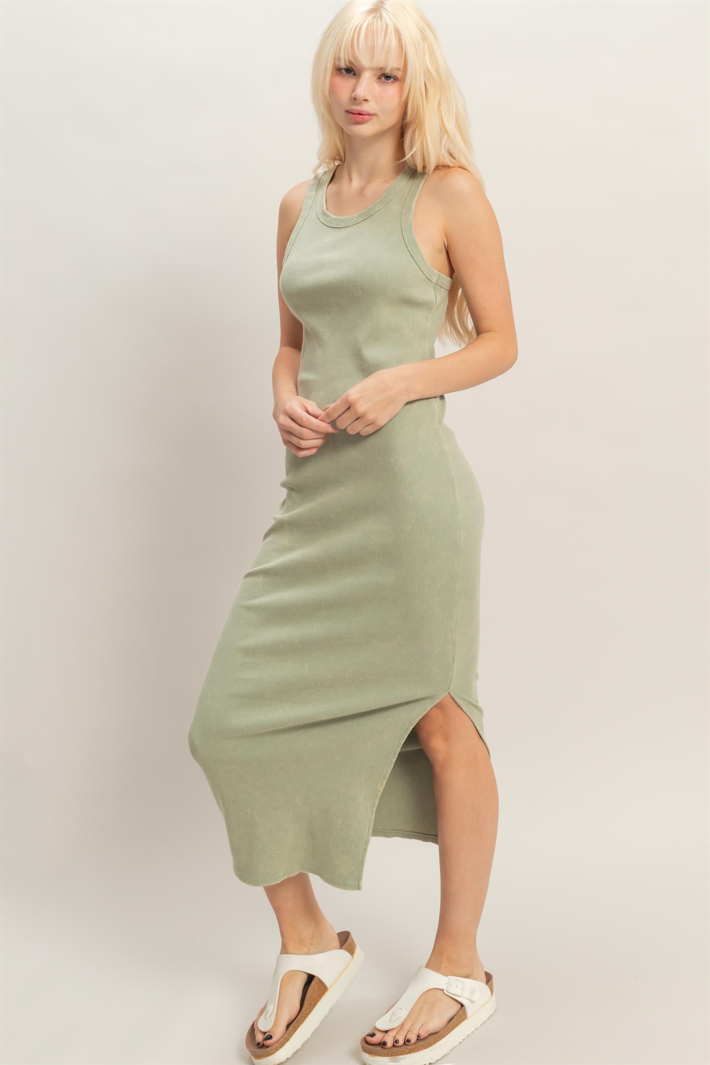 Wholesale Acid Washed Ribbed Midi Tank Dress Dresses DZ26C060 SAGE GREEN DOUBLE ZERO