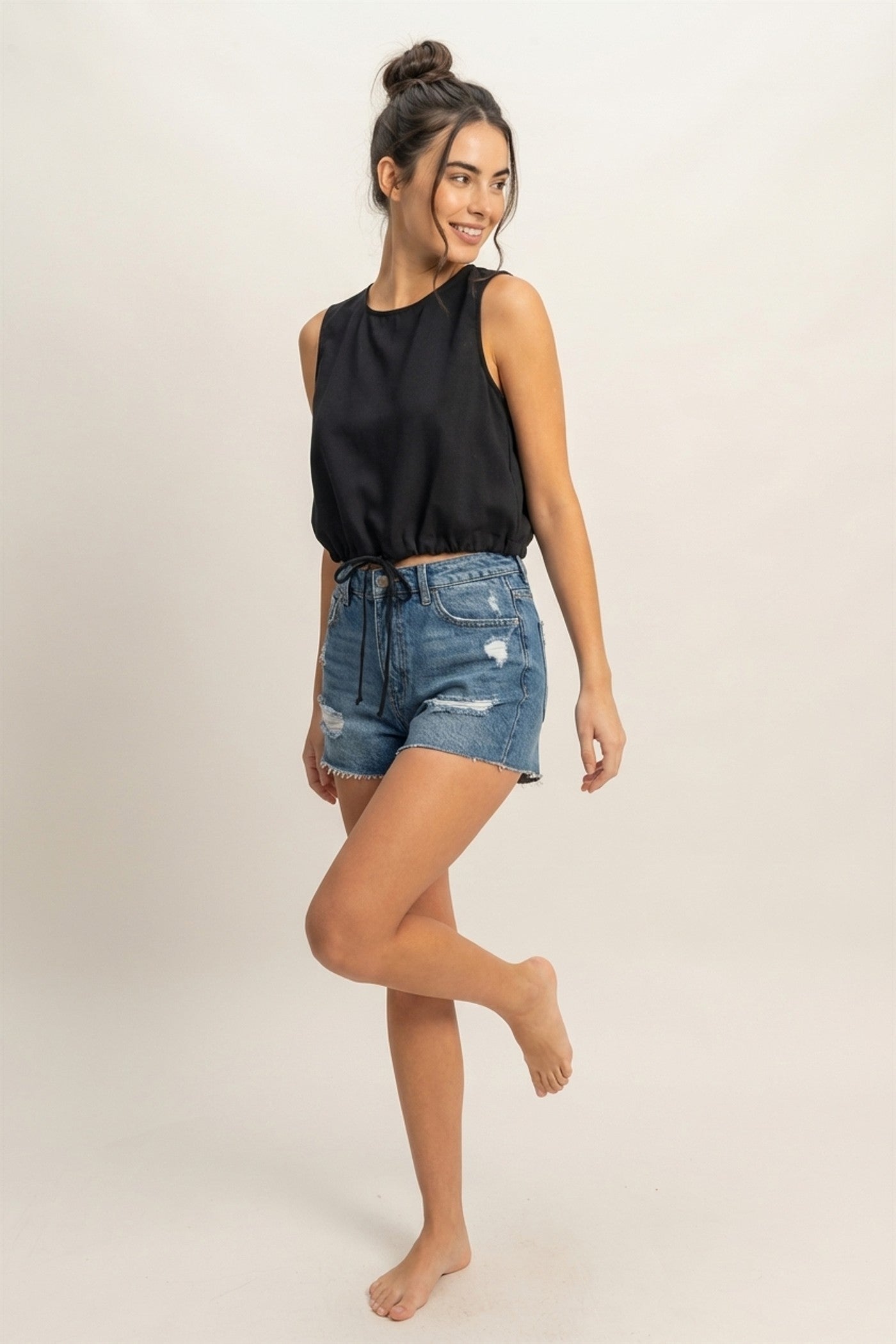 Wholesale Sand Washed Sleeveless Crop Top Clothing Tops DZ25C515 BLACK DOUBLE ZERO