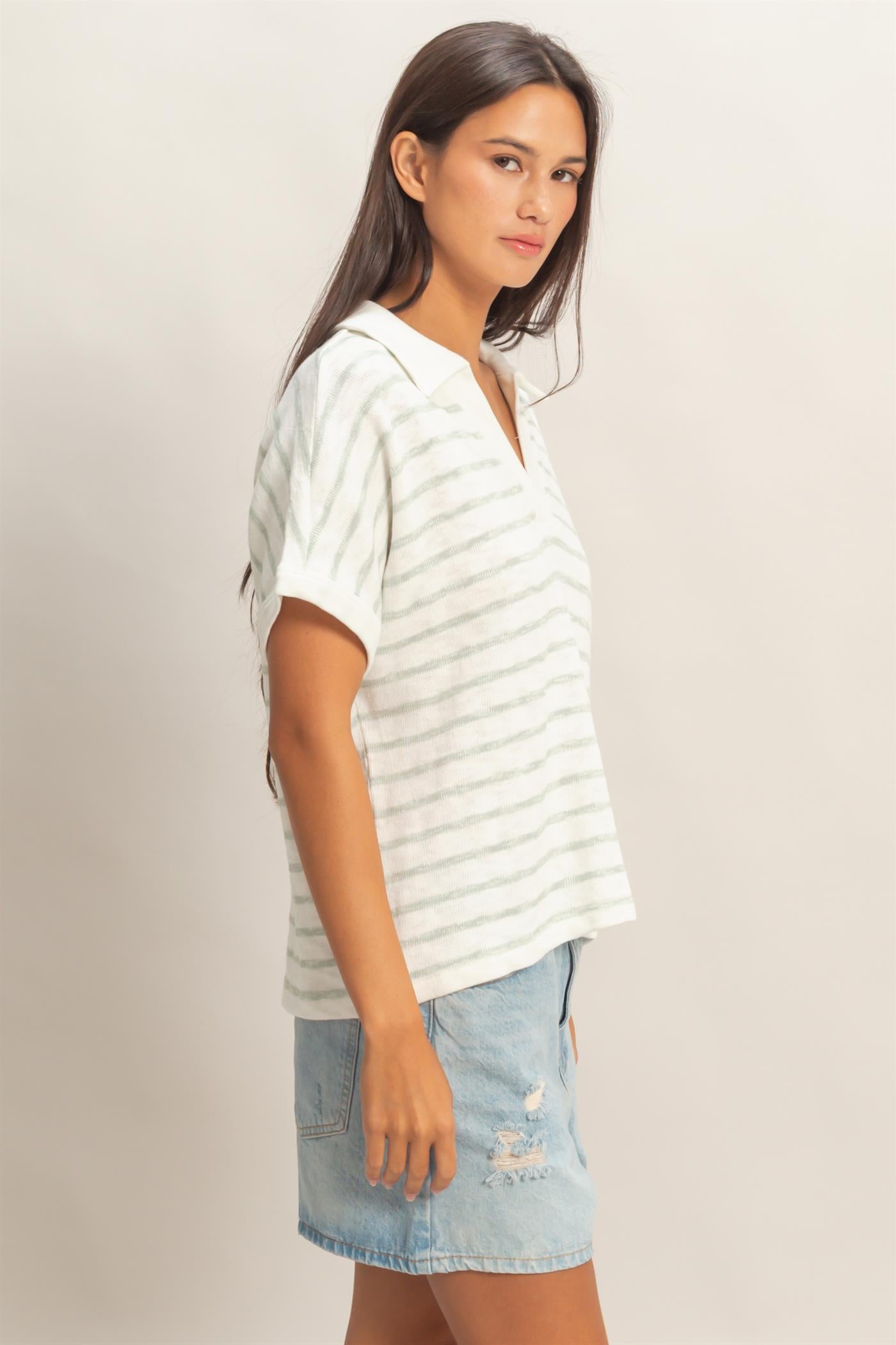 Wholesale Striped Dolman Sleeve V-Neck Collared Top Clothing Tops DZ26A452 SAGE GREEN DOUBLE ZERO
