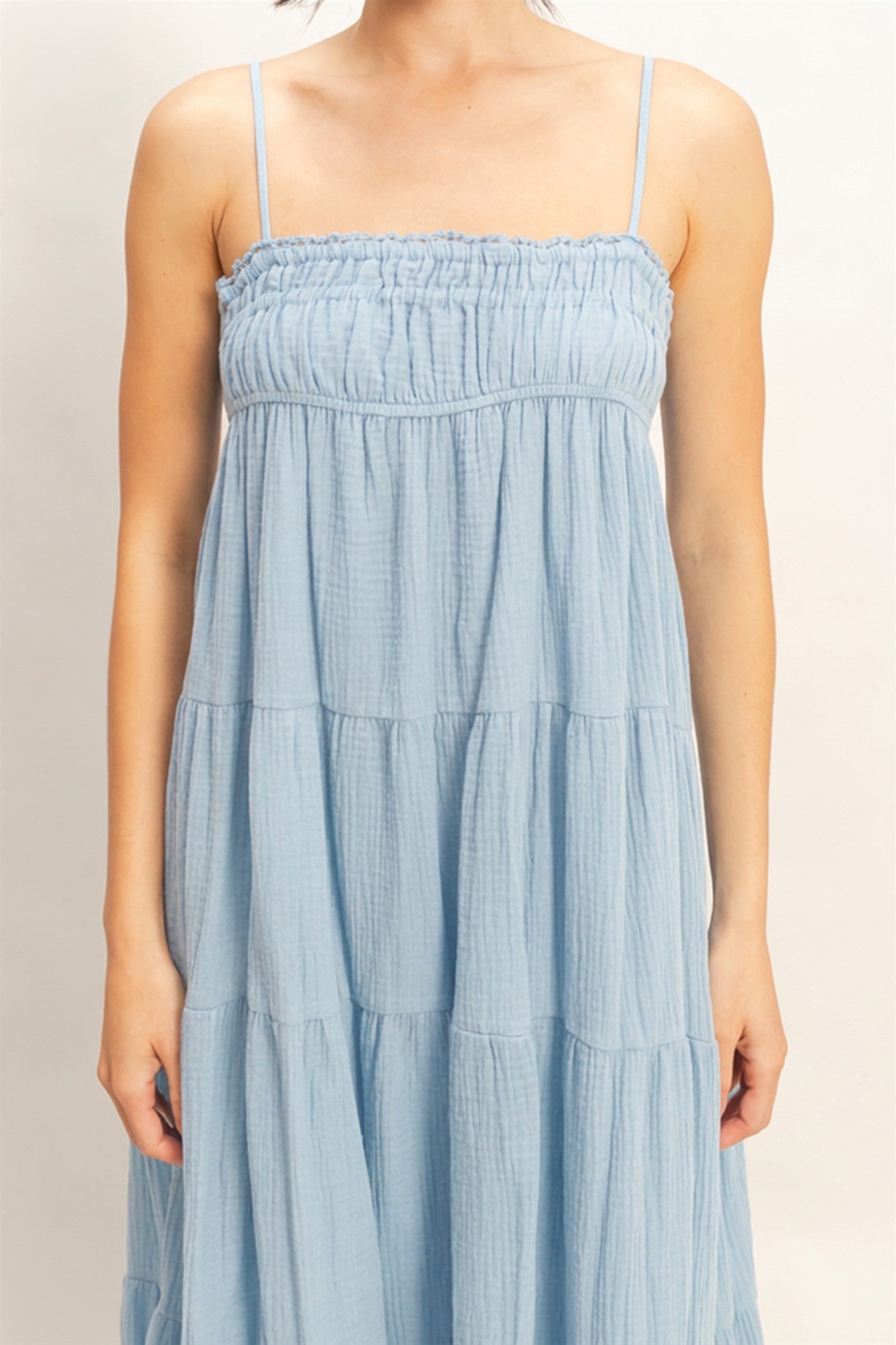 Wholesale Smocked Tiered Maxi Dress Dresses HF26C303 LIGHT BLUE HYFVE