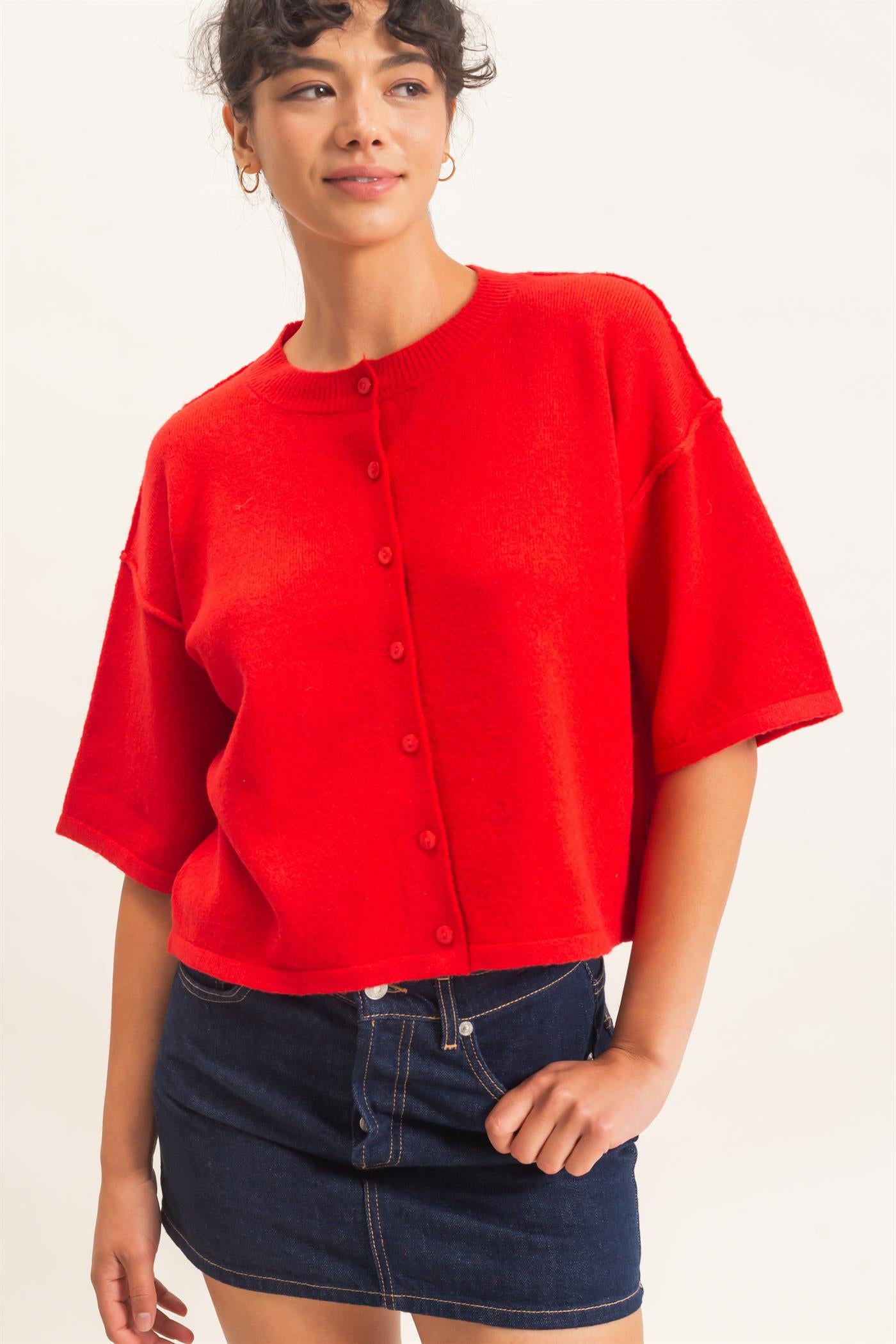 Wholesale Drop Shoulder Short Sleeve Cardigan Cardigans DZ26E238 RED DOUBLE ZERO