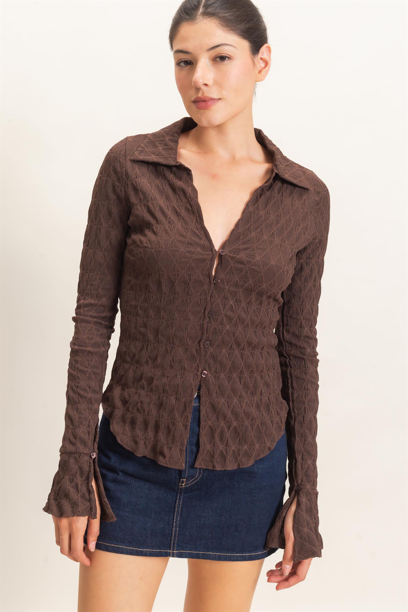 Wholesale Textured Button-Up Collared Top Shirts HF26E062 CHESTNUT HYFVE