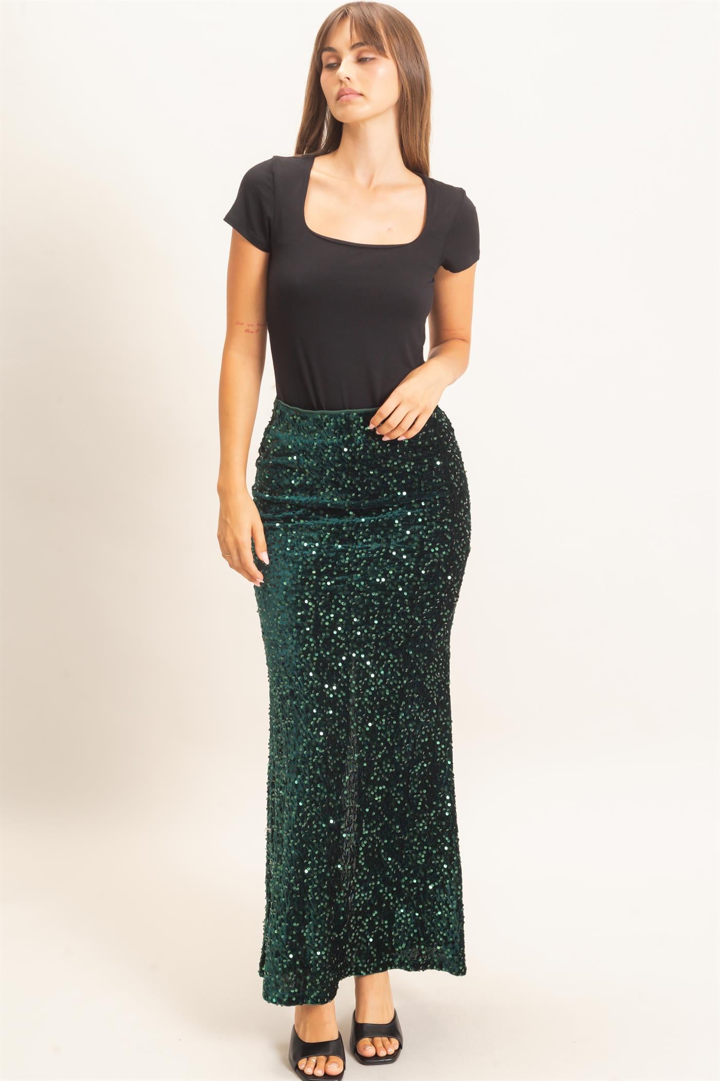 Wholesale Sequin Midi Skirt Skirts HF26F121 FOREST GREEN HYFVE
