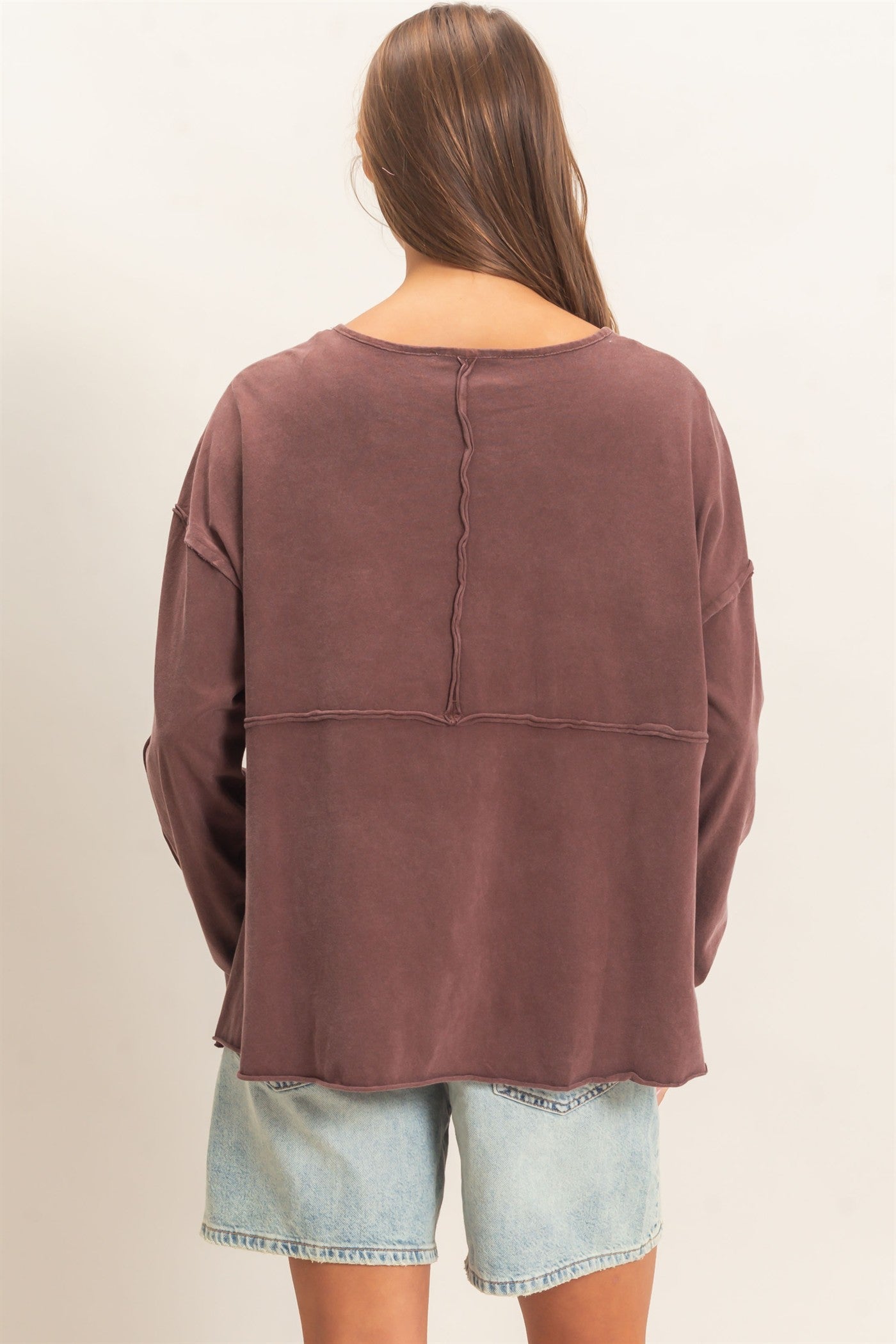 Wholesale Oversized Henley Top With Raw Edges Clothing Tops DZ26F128 DARK BROWN DOUBLE ZERO