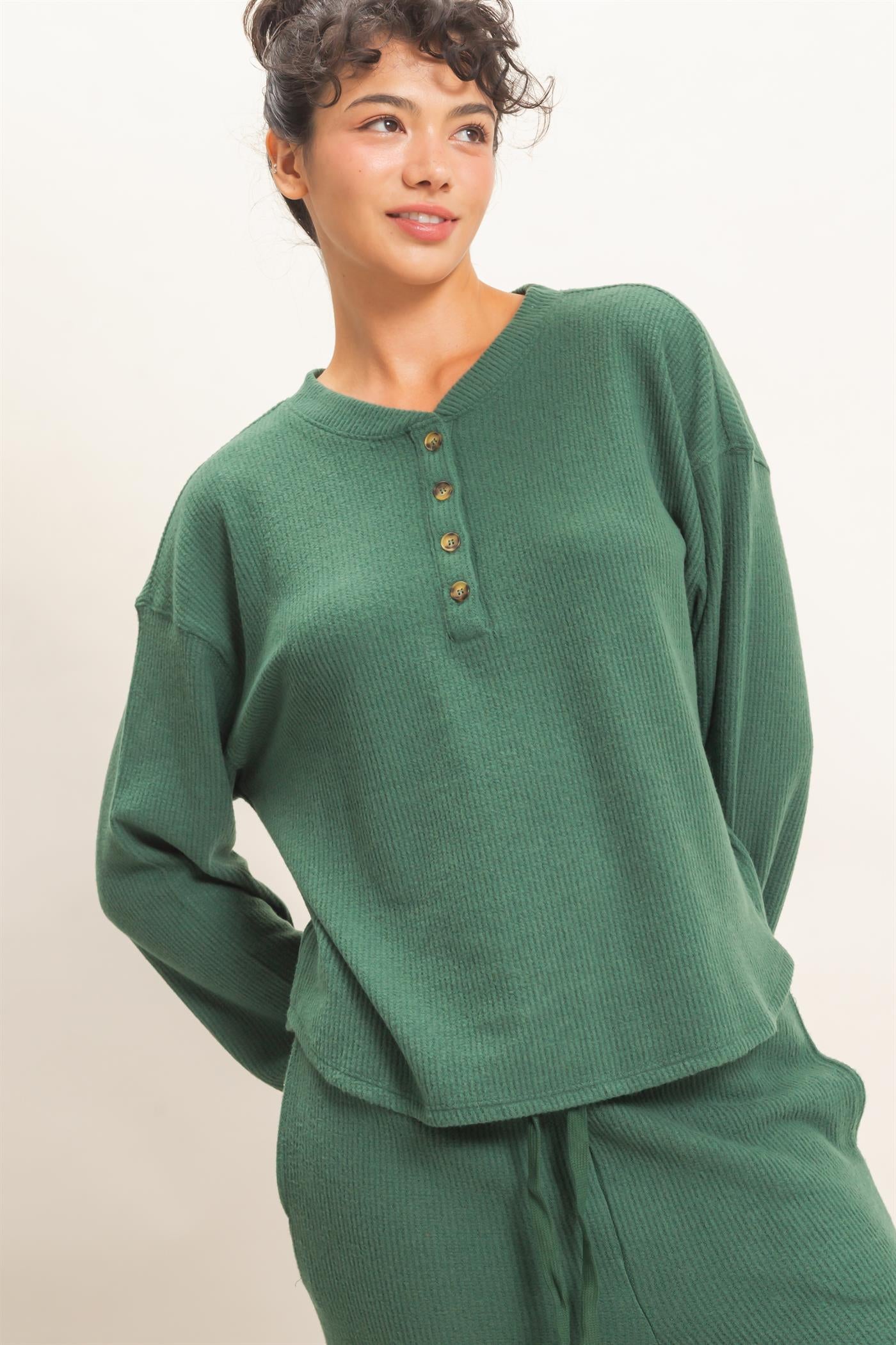 Wholesale Brushed Waffle Henley Top Clothing Tops DZ26F314 DARK GREEN DOUBLE ZERO