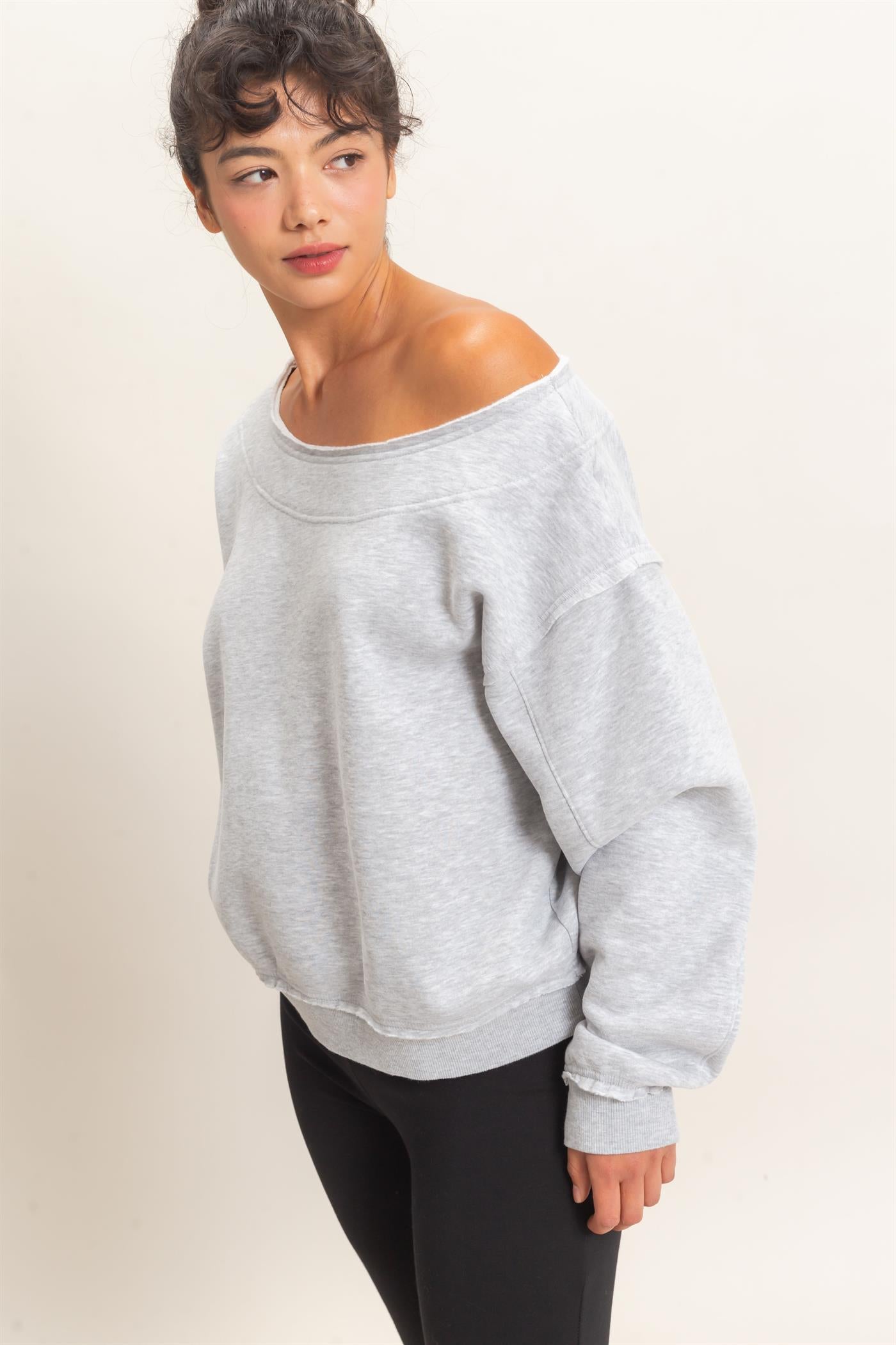 Wholesale Off Shoulder Sweatshirt Sweatshirts DZ26C880 HEATHER GRAY DOUBLE ZERO