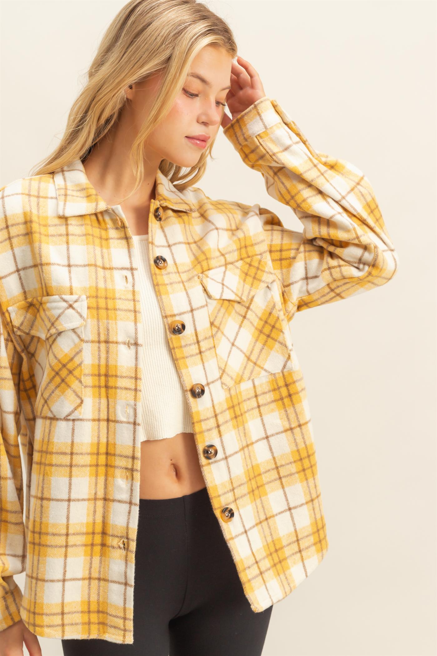 Wholesale Collared Plaid Shacket Shirts HF23G058 YELLOW HYFVE