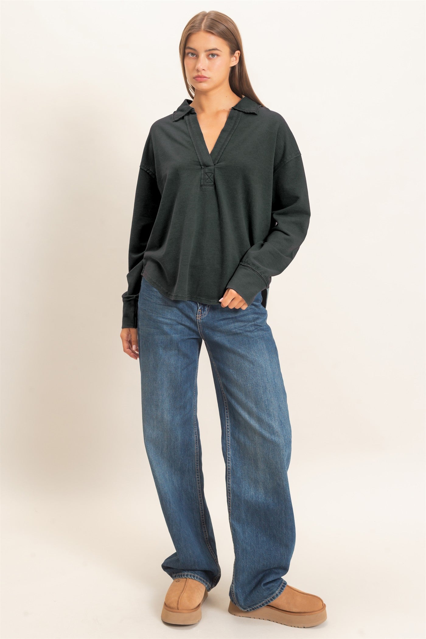 Wholesale Mineral Washed Polo Collar Long Sleeve Top Polos DZ26E887 BLACK DOUBLE ZERO