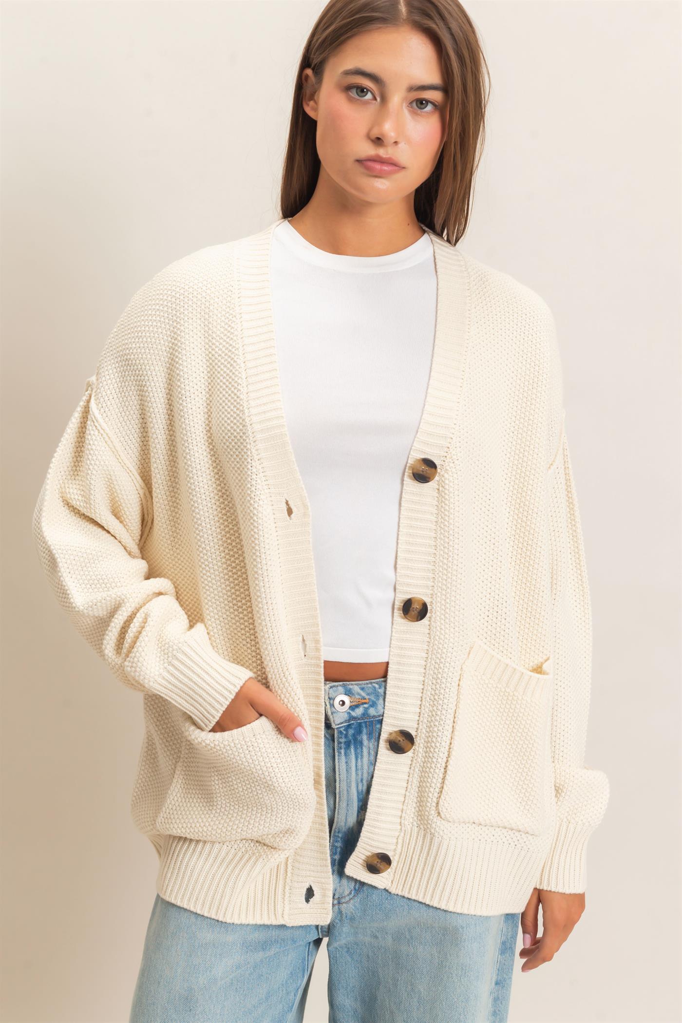Wholesale Textured Oversized Knit Buttoned Cardigan Cardigans DZ26C971 CREAM DOUBLE ZERO