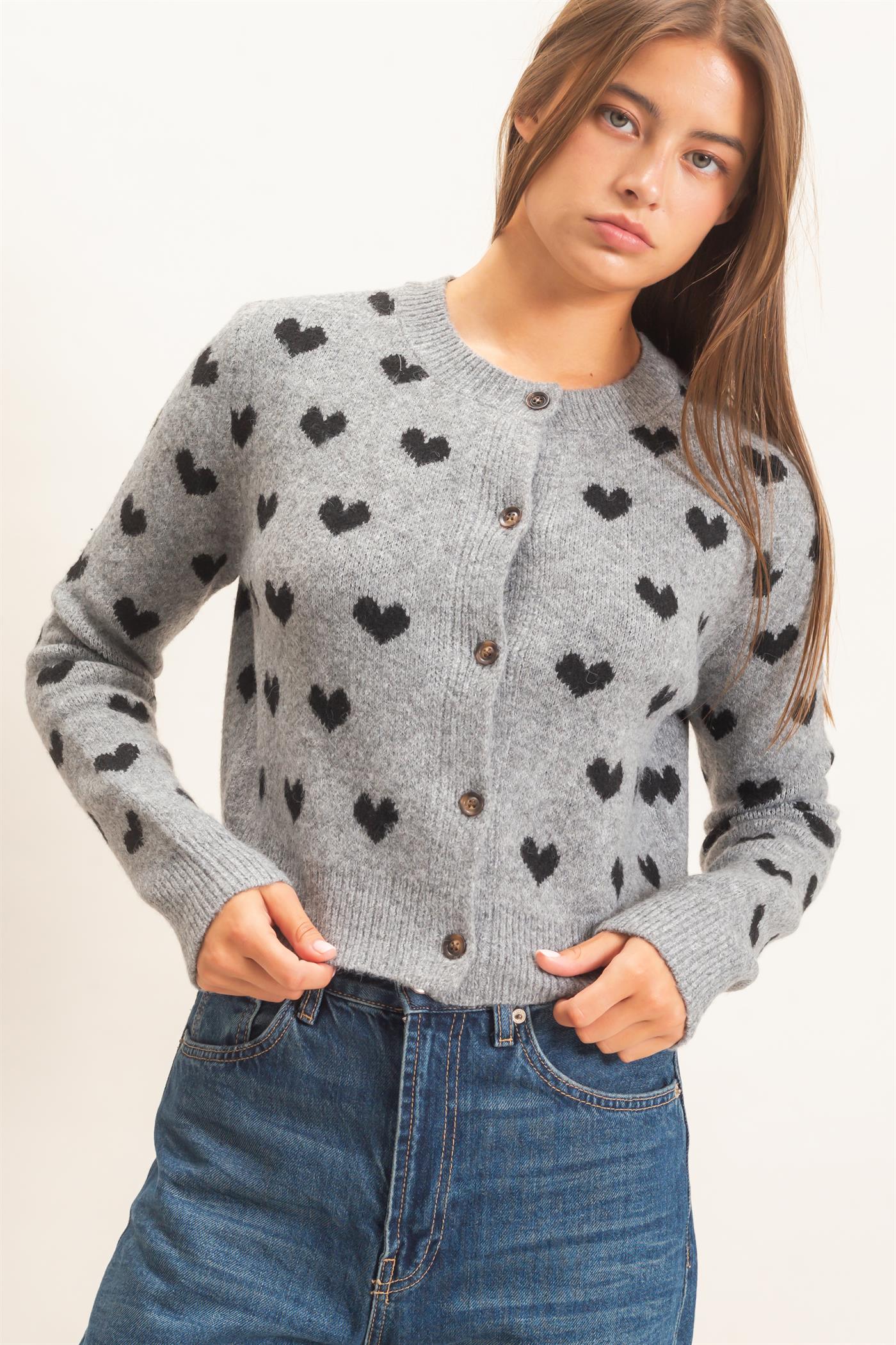 Wholesale Heart Pattern Cardigan Cardigans DZ26E320 HEATHER GRAY DOUBLE ZERO