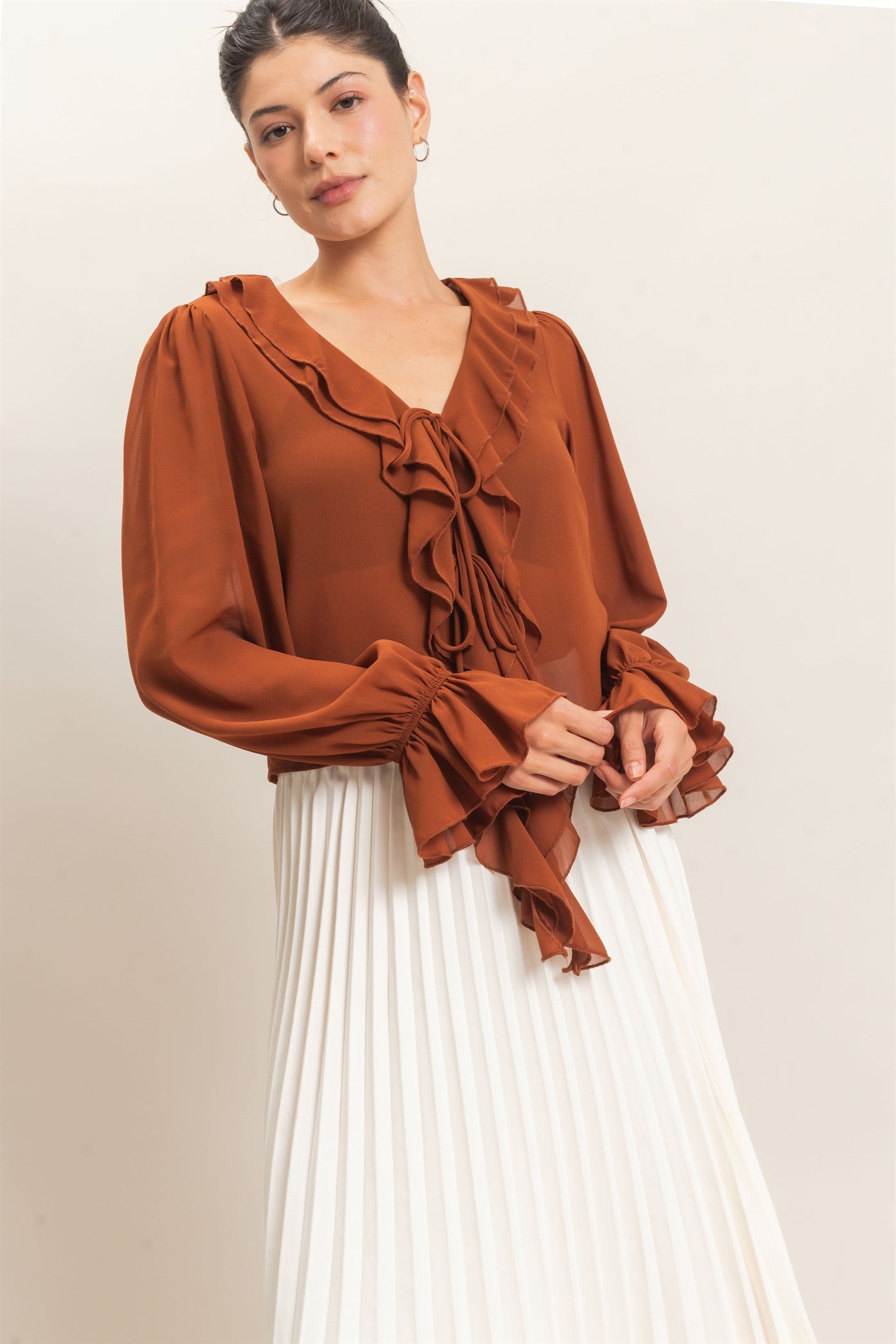 Wholesale Ruffled V-Neck Blouse Blouses HF26F066 CAMEL HYFVE