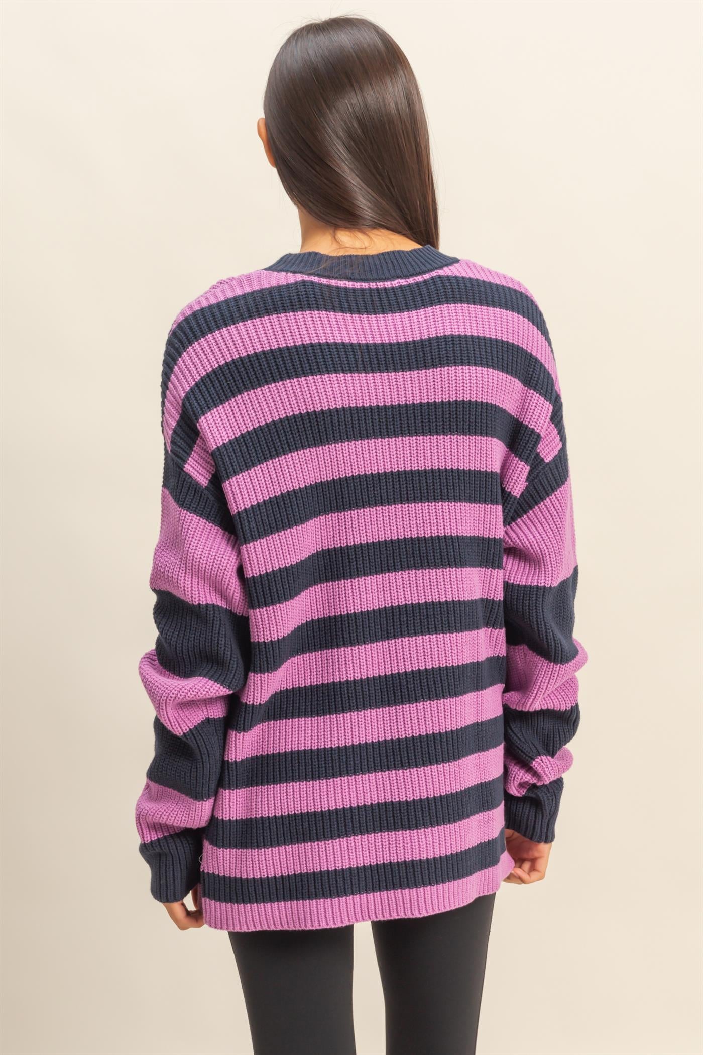 Wholesale Striped Long Sleeve Sweater Clothing Tops DZ23F071 NAVY / PURPLE DOUBLE ZERO