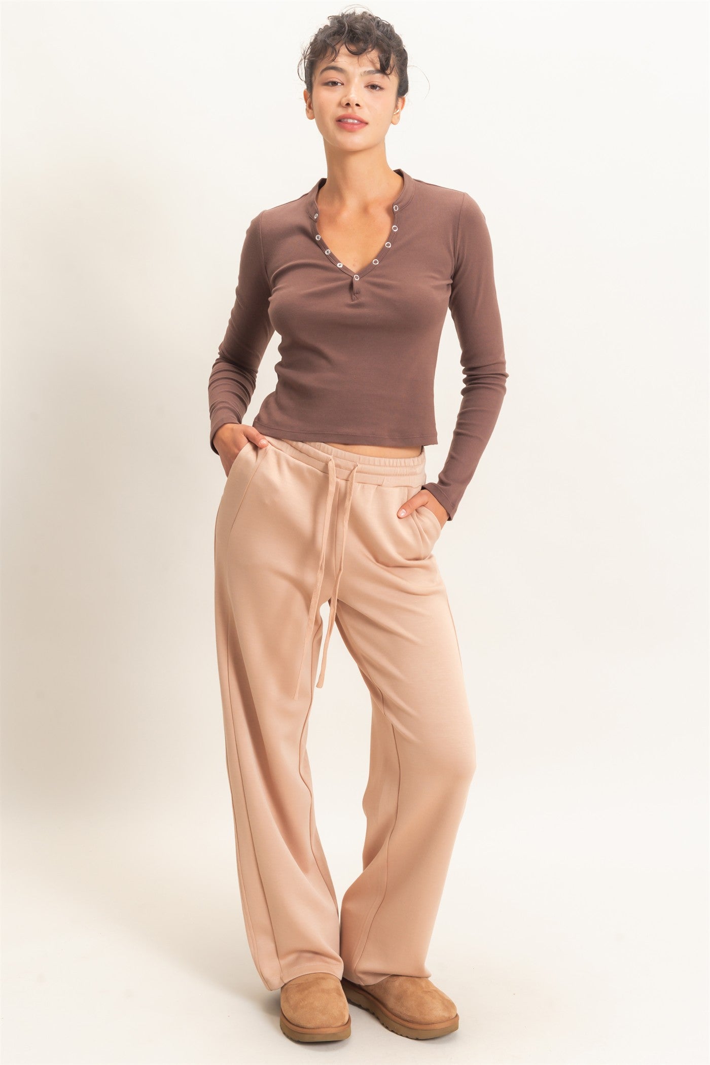 Wholesale Elastic Waist Straight Leg Pants Pants DZ26C969 DARK TAUPE DOUBLE ZERO