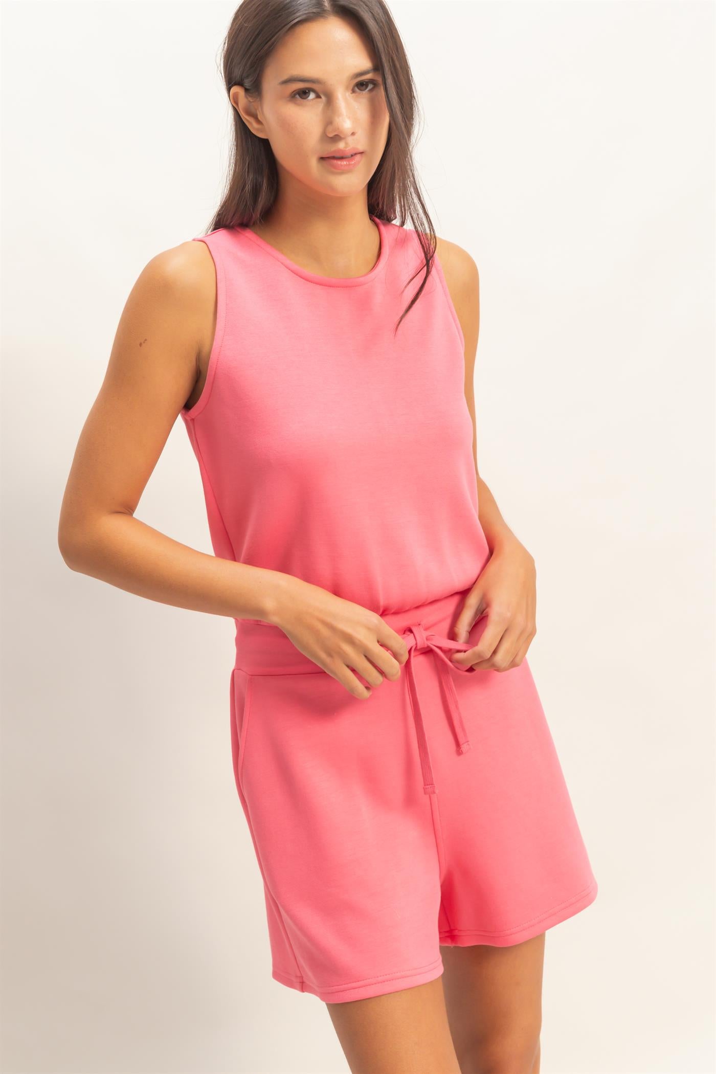 Wholesale Drawstring Waist Sleeveless Romper Clothing DZ26C732 TAFFY PINK DOUBLE ZERO