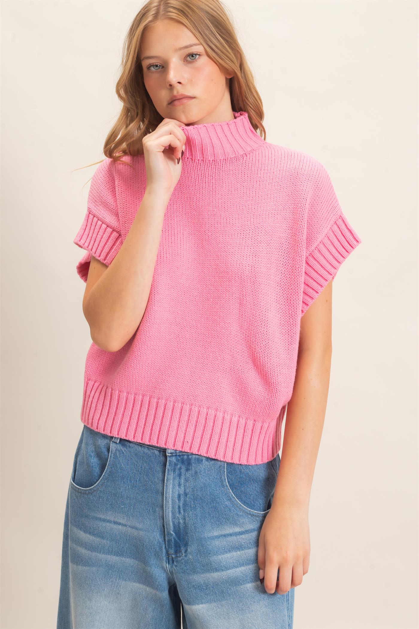 Wholesale Ribbed Mock Neck Sweater Vest Sweaters HF26F186-D PINK HYFVE
