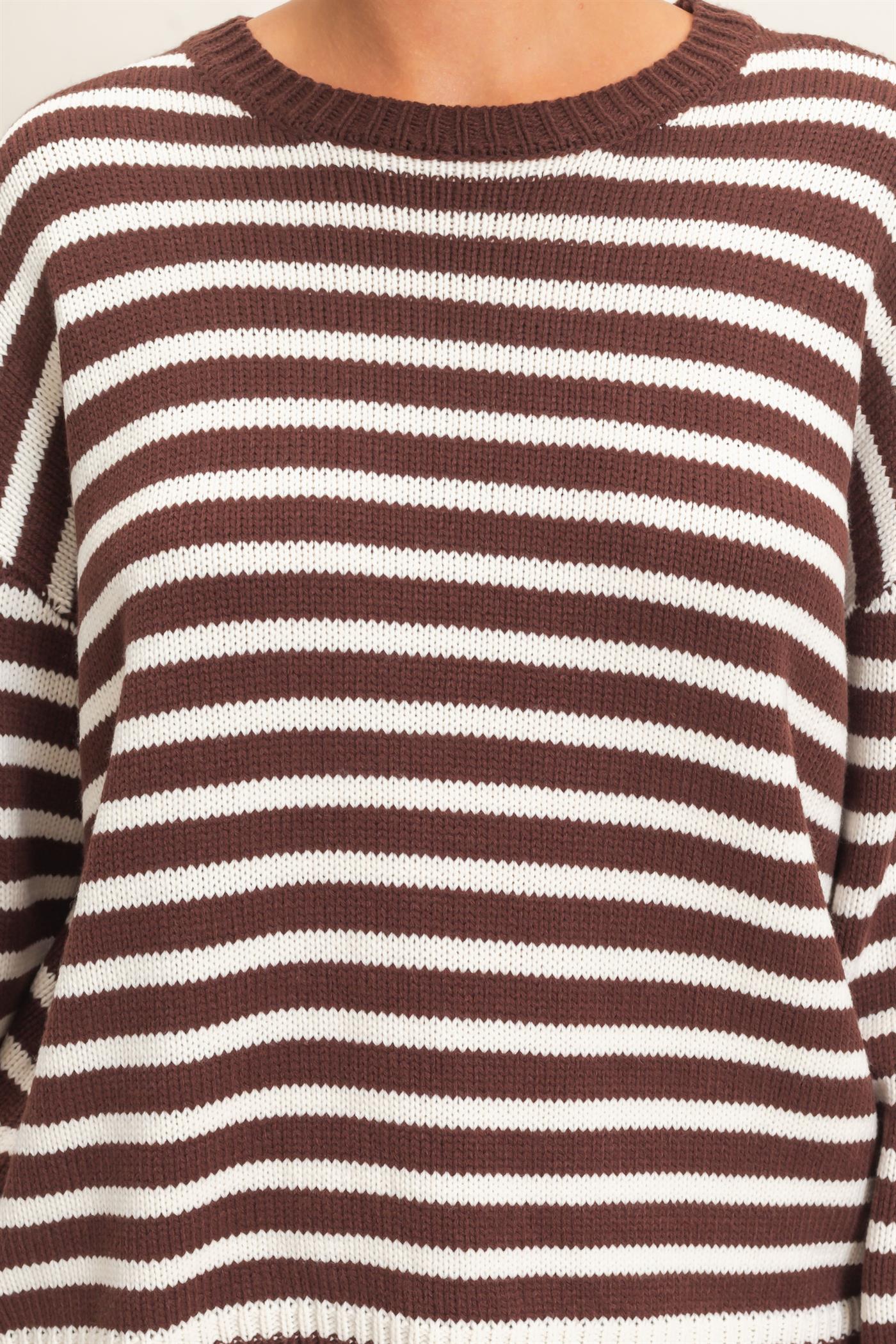Wholesale Striped Crew Neck Sweater Sweaters DZ26E237 DARK BROWN DOUBLE ZERO