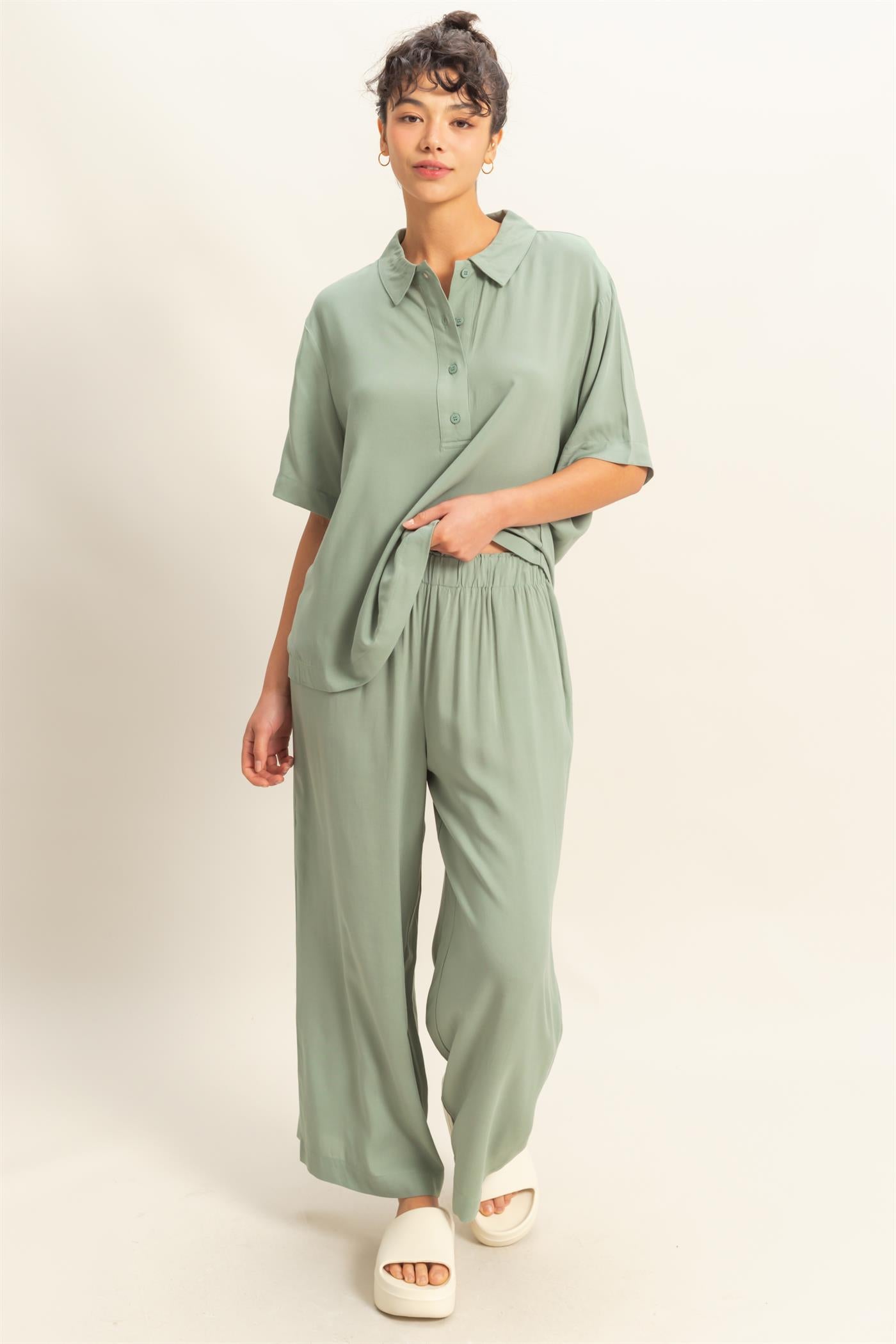 Wholesale High Waist Woven Wide Leg Pants Pants DZ25C192 SAGE GREEN DOUBLE ZERO