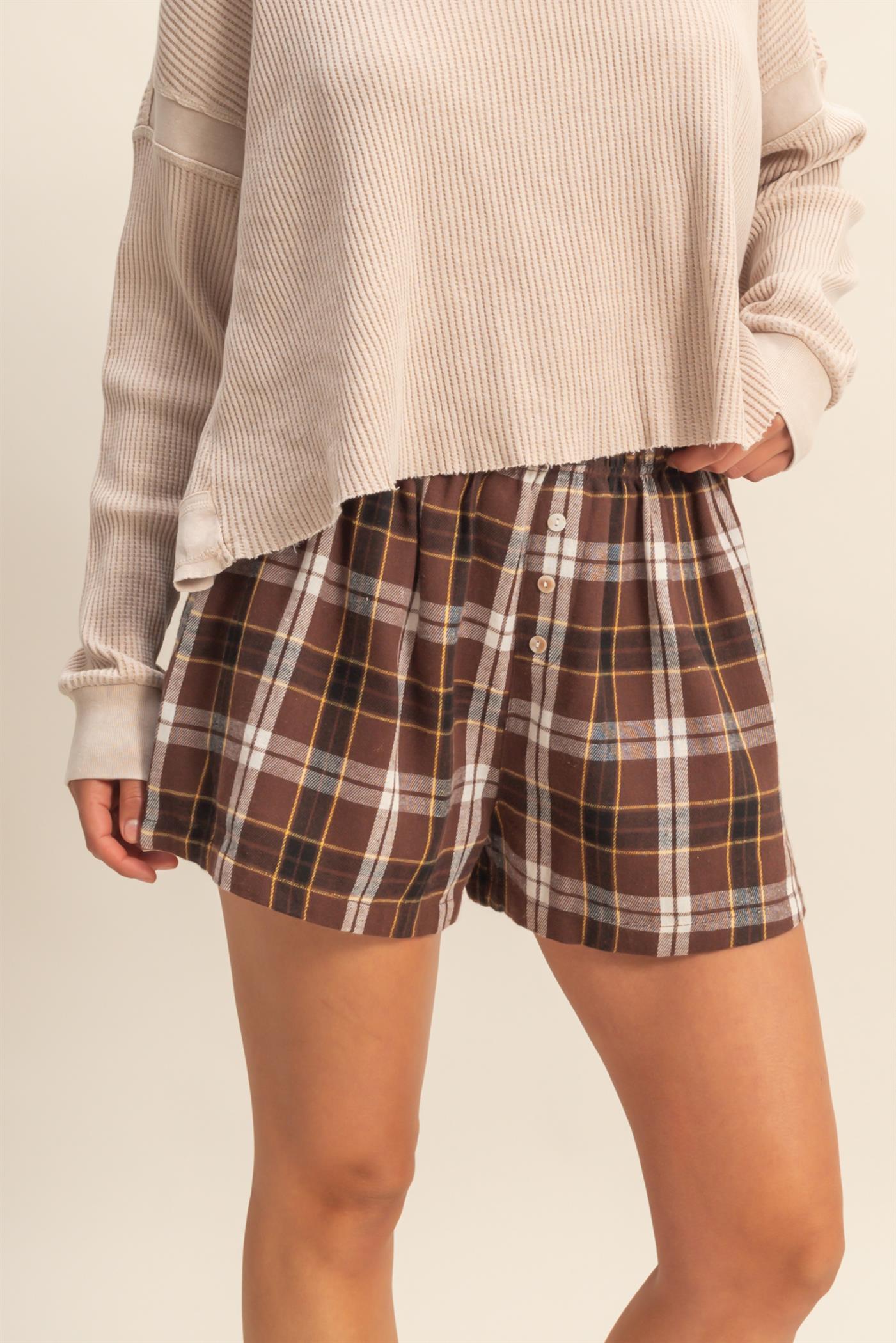 Wholesale Button-Front Plaid Boxer Shorts Shorts DZ25F483 BROWN DOUBLE ZERO