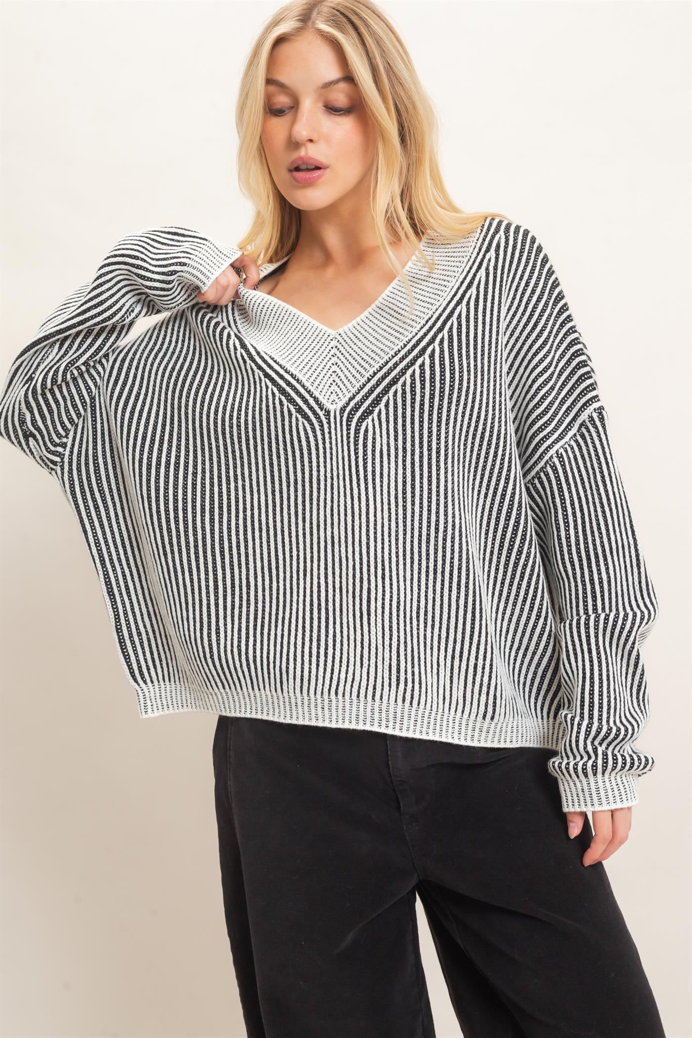 Wholesale Striped V-Neck Ribbed Sweater Sweaters HF26F202 BLACK HYFVE