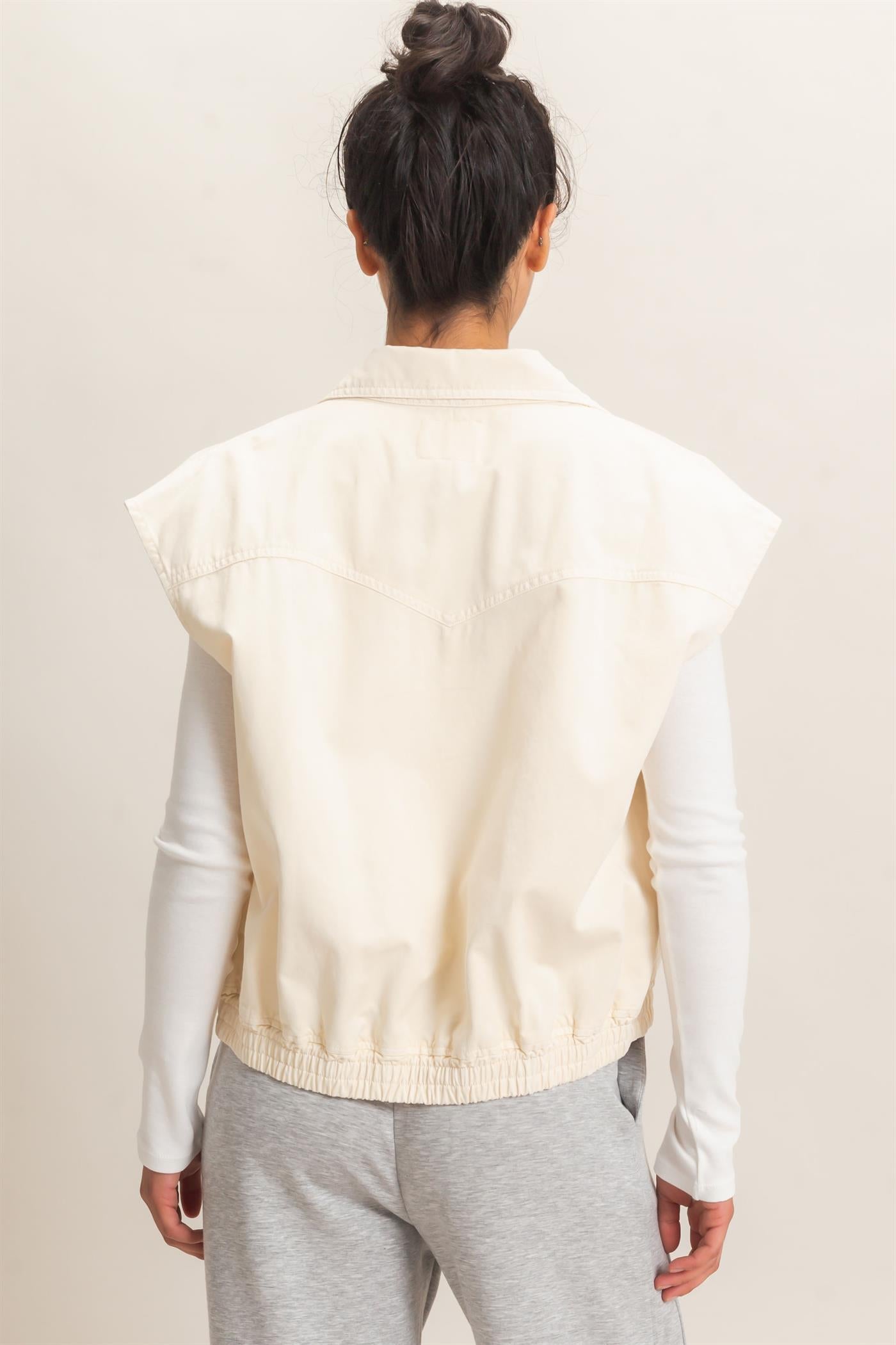 Wholesale Mineral Wash Sleeveless Zip-Up Collar Vest Vests DZ26E392 IVORY DOUBLE ZERO