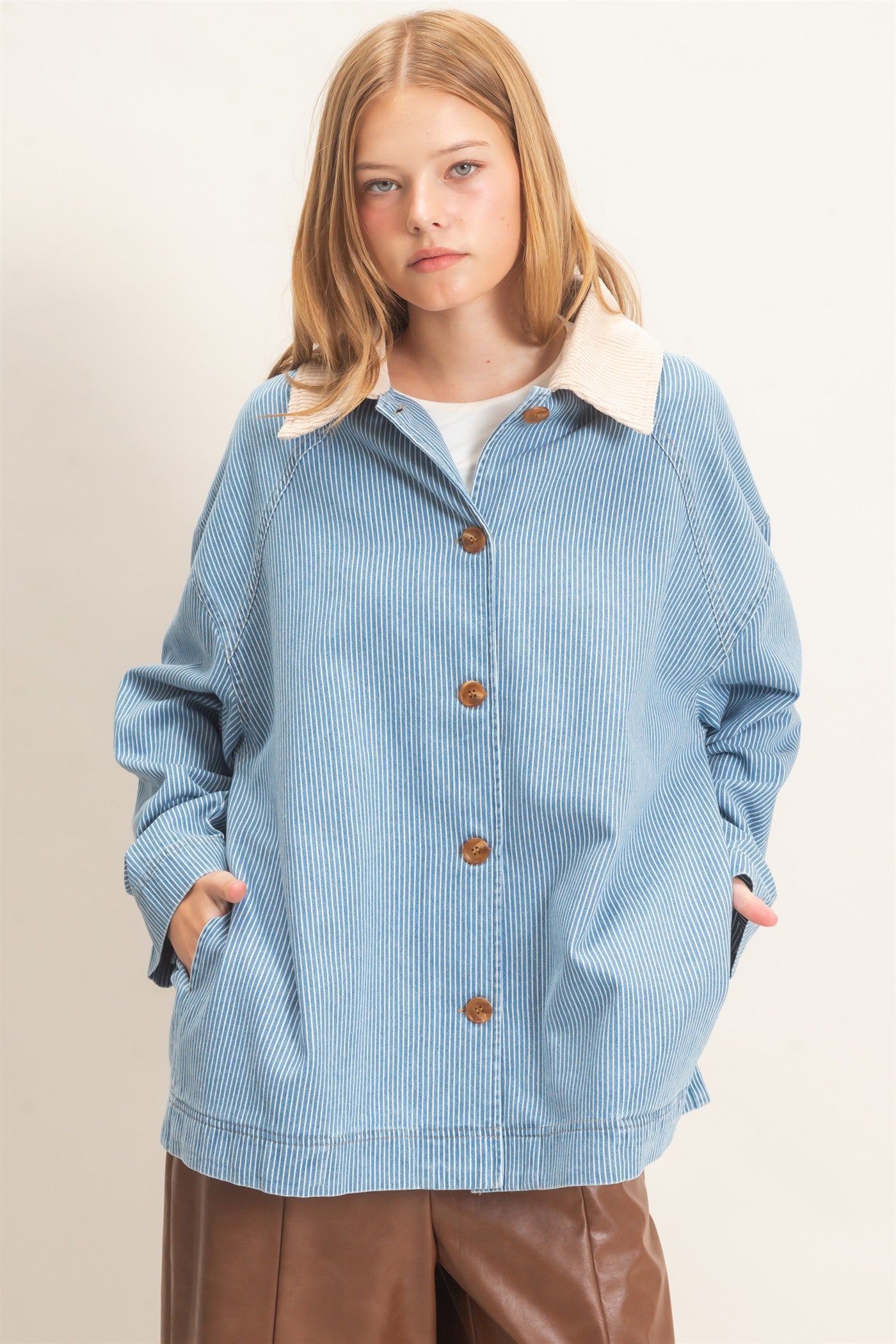Wholesale Pinstripe Denim Jacket Coats & Jackets HF26C006 LIGHT DENIM HYFVE