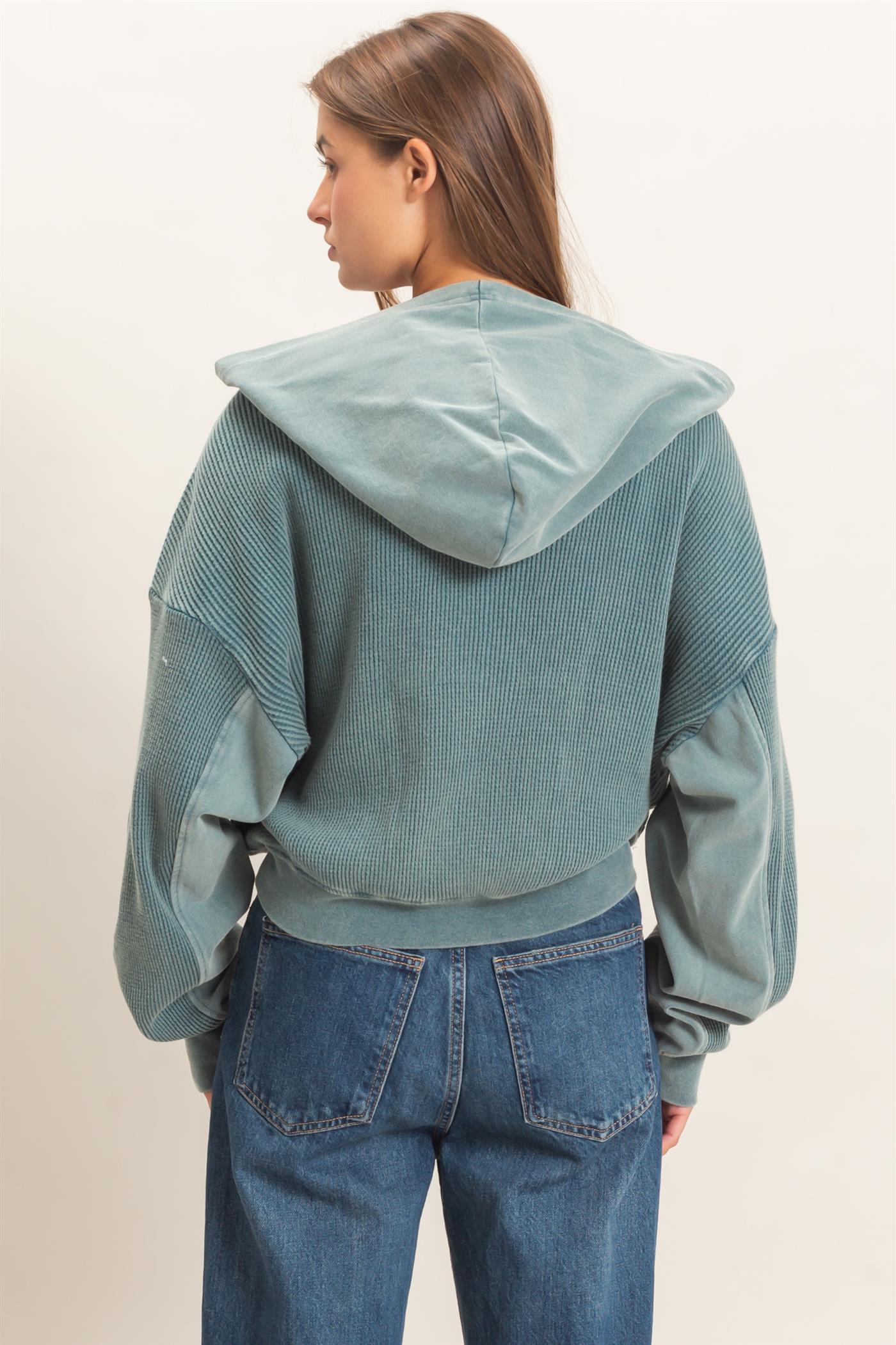 Wholesale Acid Wash Waffle Knit Zip-Up Hoodie Hoodies DZ26E401 DARK TEAL DOUBLE ZERO