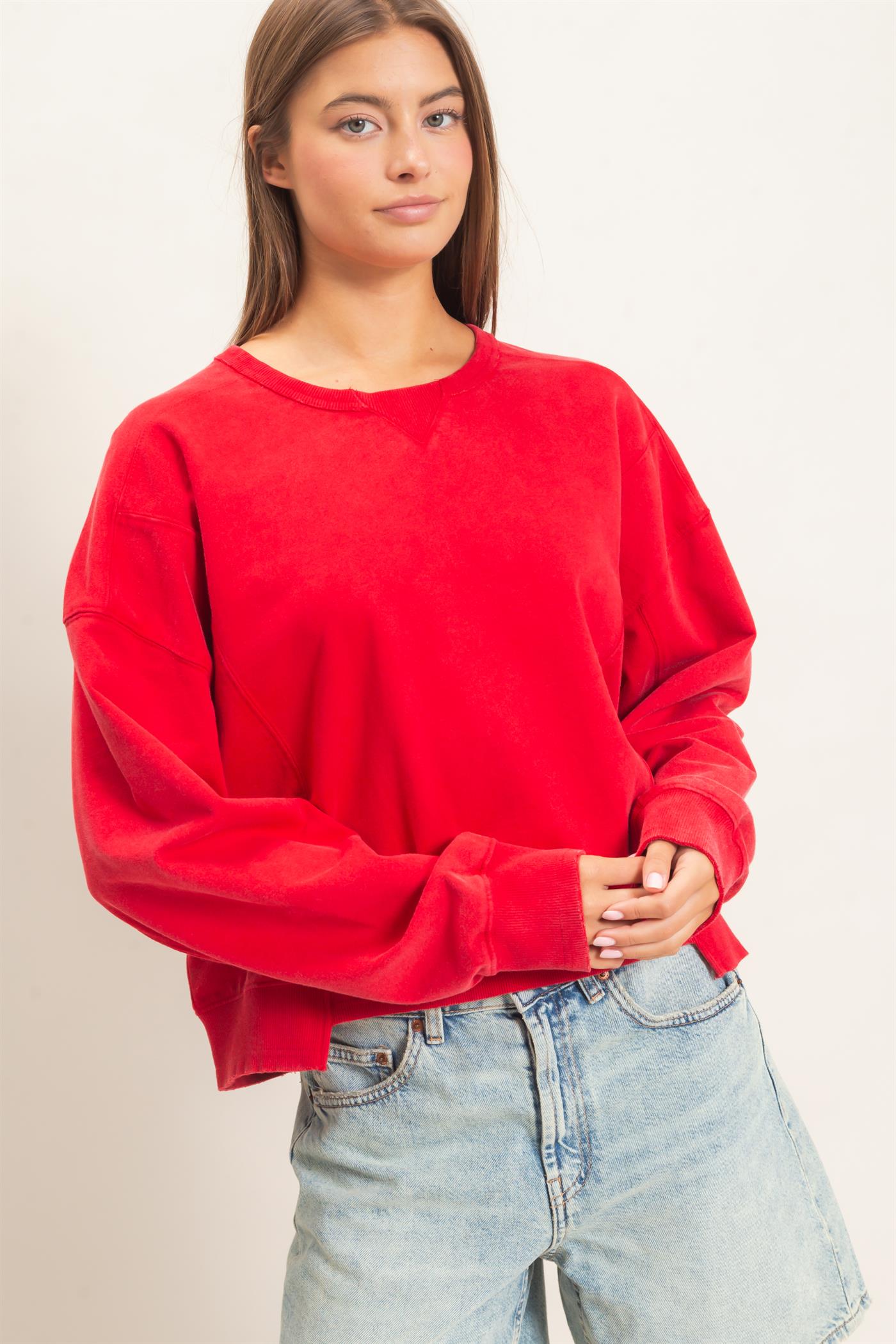 Wholesale Acid Wash Seam Detail Crew Neck Sweatshirt Sweatshirts DZ26E260 RED DOUBLE ZERO