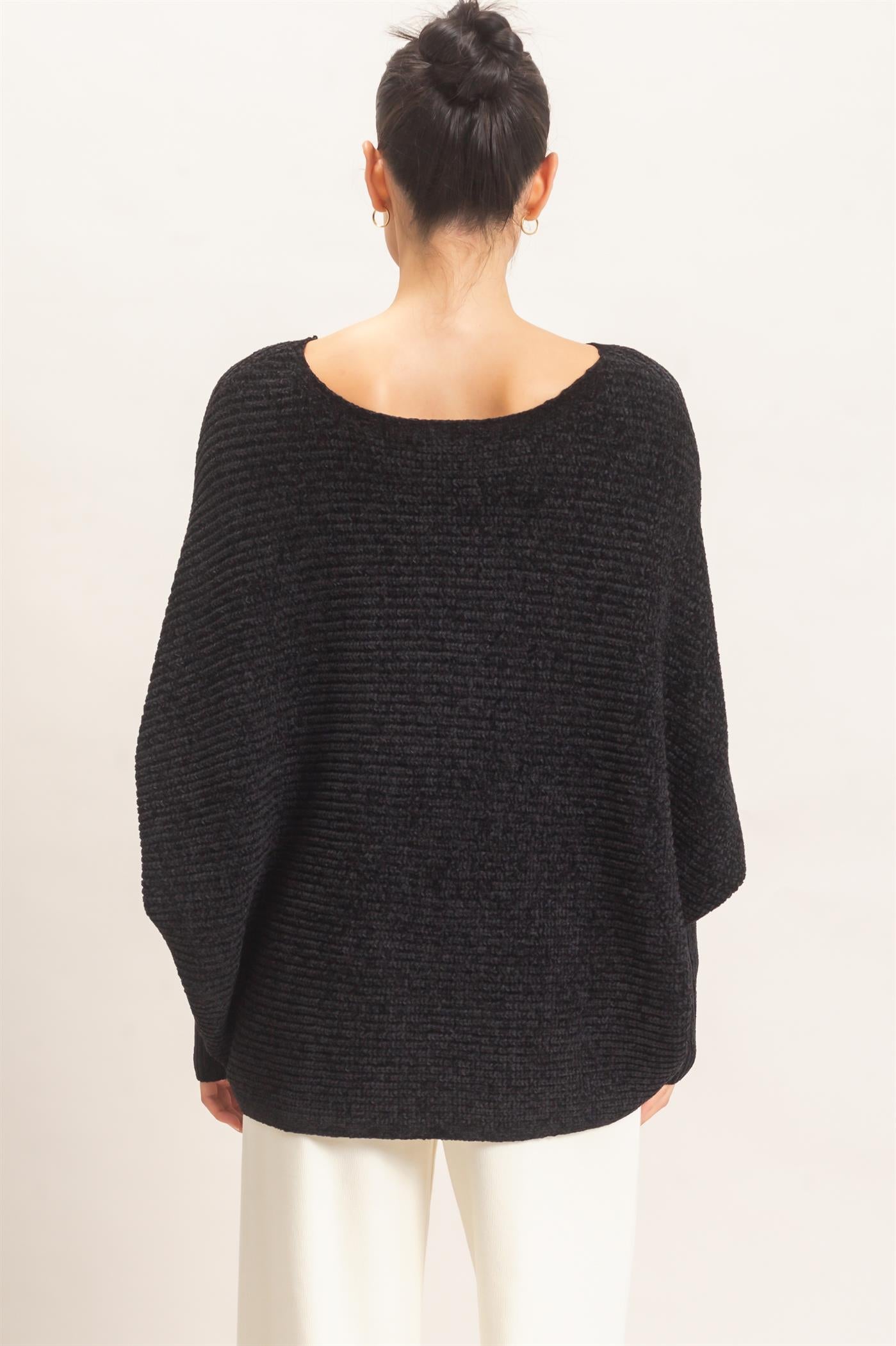 Wholesale Chenille Boat Neck Dolman Sleeve Sweater Sweaters HF26F185 BLACK HYFVE
