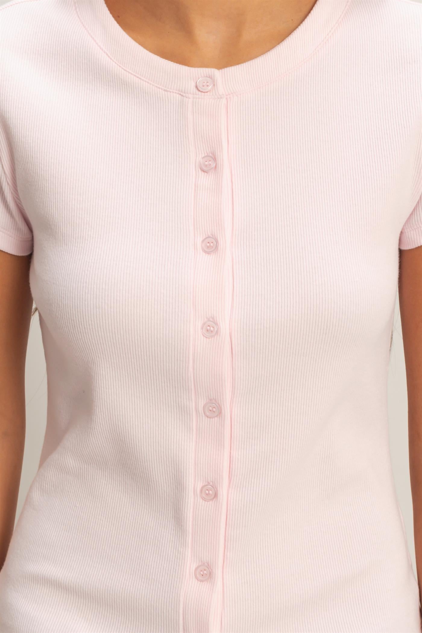 Wholesale Ribbed Button-Front Crew Neck Top Clothing Tops DZ26A727 SOFT PINK DOUBLE ZERO