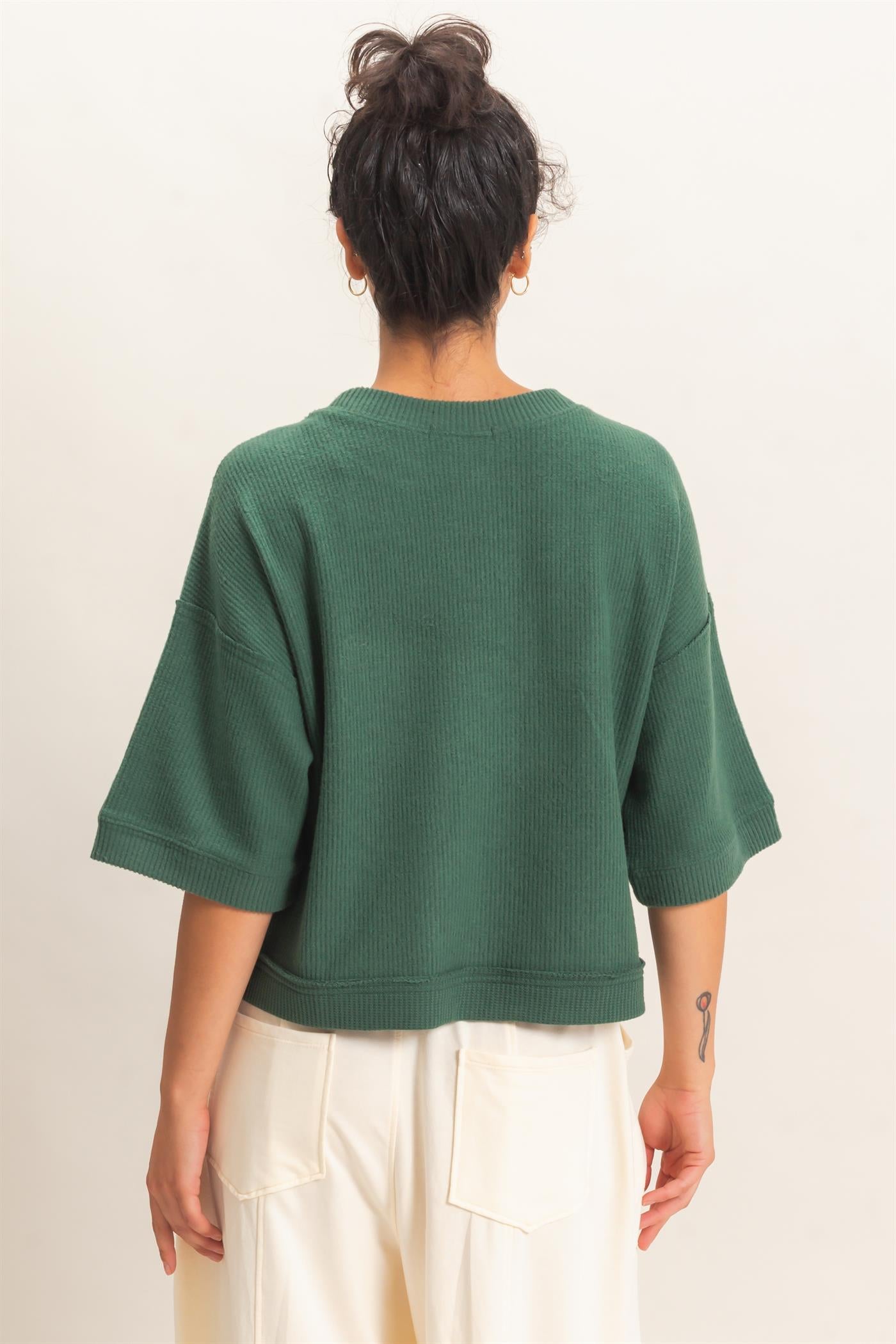Wholesale Button-Down Short Sleeve Waffle Top Clothing Tops DZ26F244 DARK GREEN DOUBLE ZERO