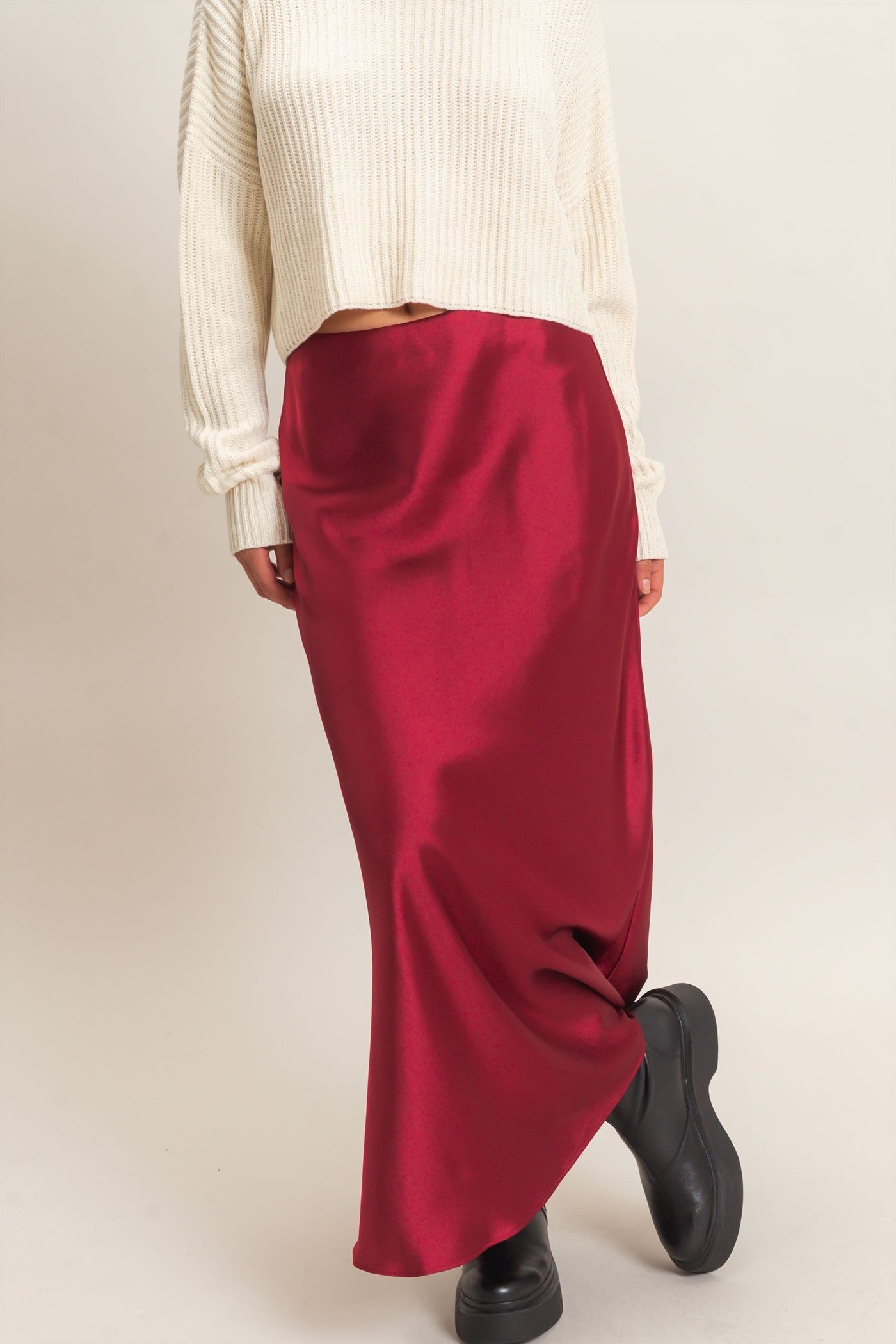 Wholesale Satin Maxi Skirt Skirts DZ26C970 BURGUNDY DOUBLE ZERO