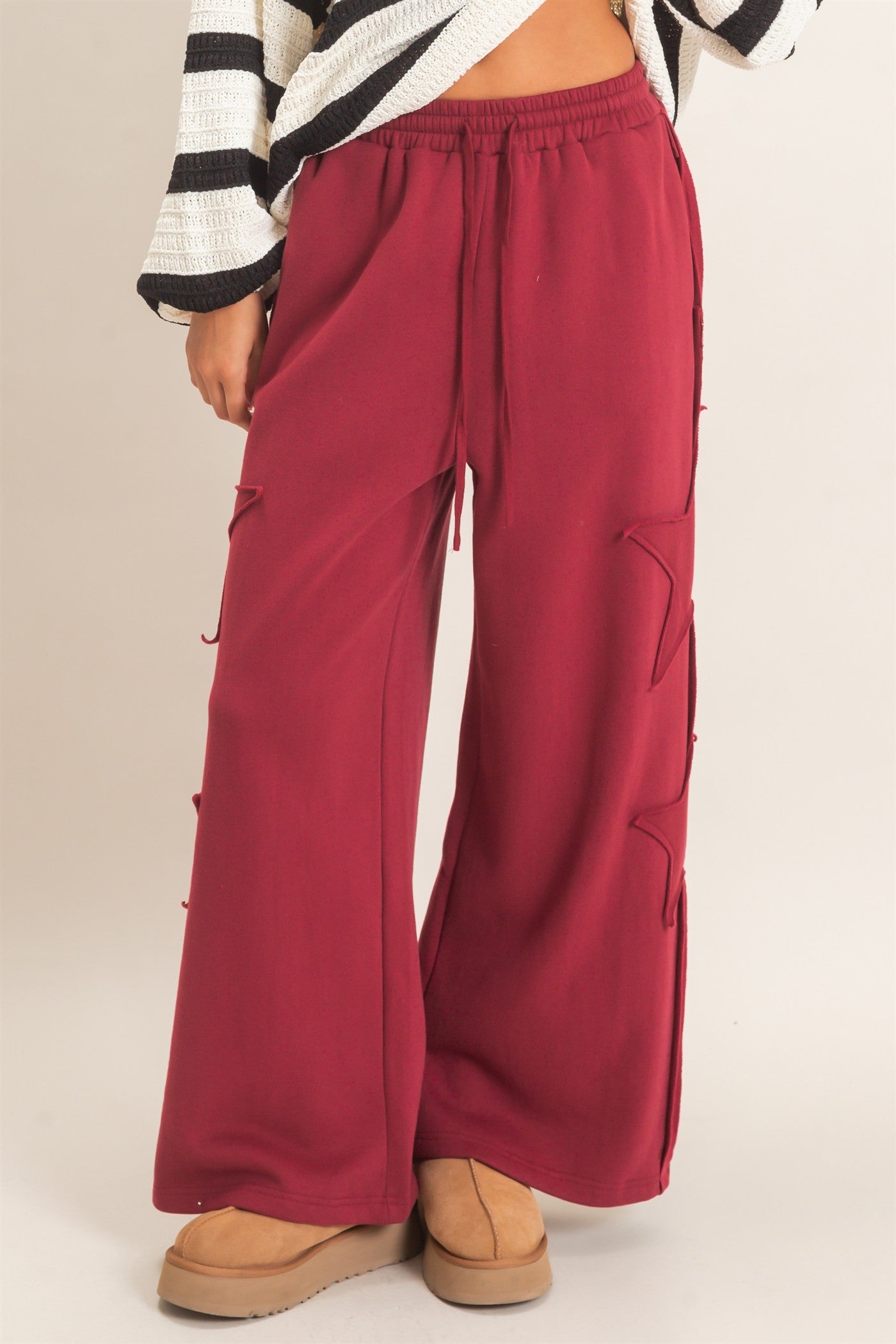 Wholesale French Terry Star Patch Sweatpants Pants DZ27A197 BURGUNDY DOUBLE ZERO