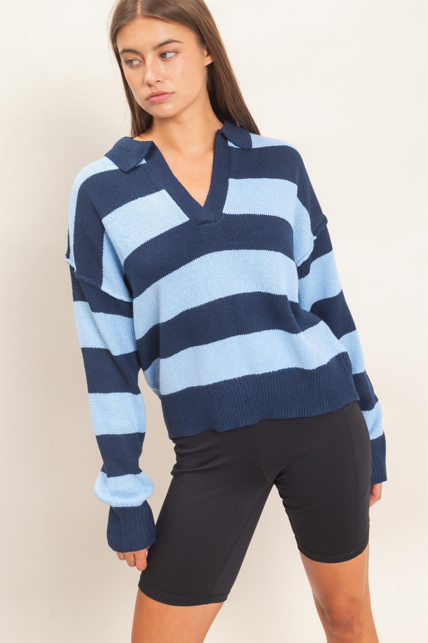 Wholesale Rugby Stripe Polo Sweater Sweaters DZ26E297 NAVY DOUBLE ZERO