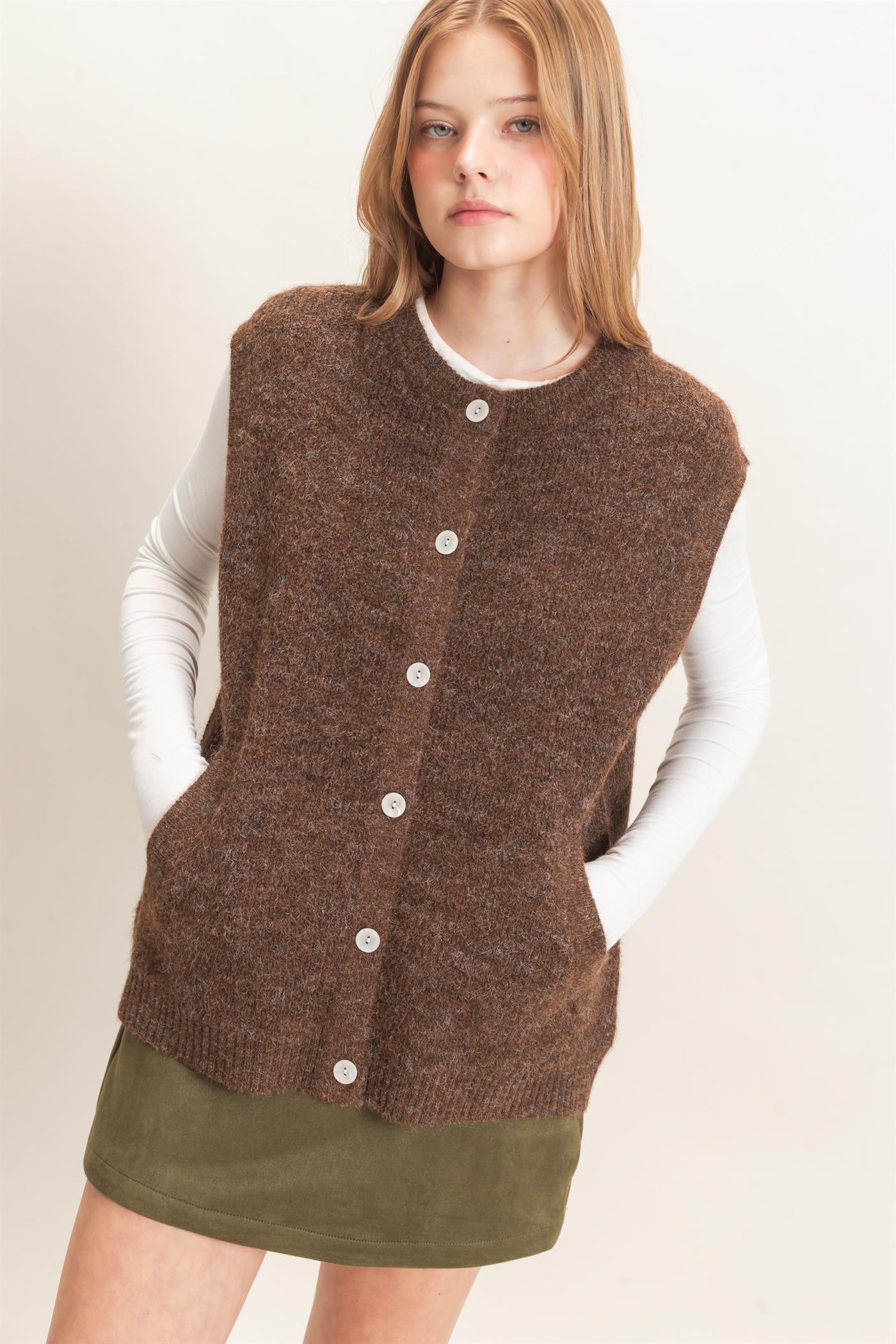 Wholesale Sleeveless Button-Up Sweater Vest Sweaters HF26E304 CHESTNUT HYFVE