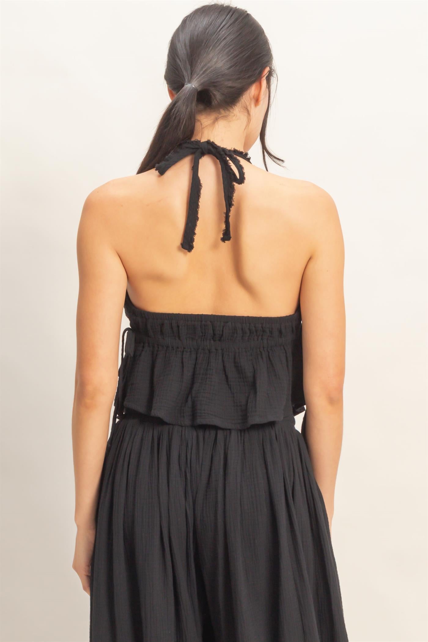 Wholesale Textured Halter Tie Waist Top Clothing Tops HF26C027 BLACK HYFVE