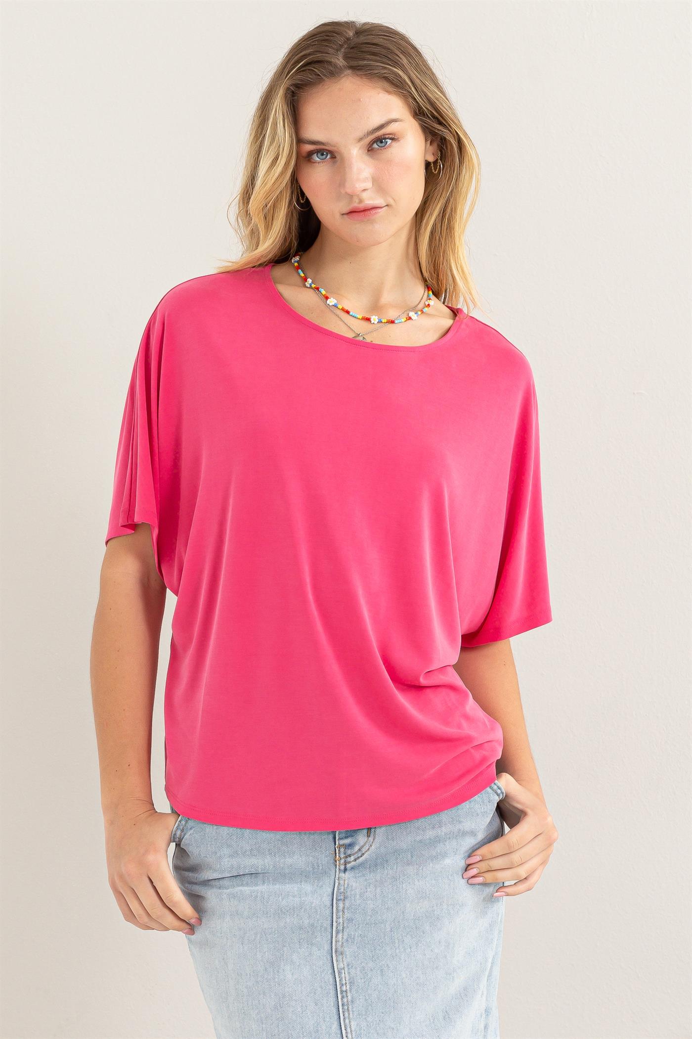 Wholesale D-Elbow Length Dolman Sleeve Top Clothing Tops DZ24C199-D RASPBERRY DOUBLE ZERO