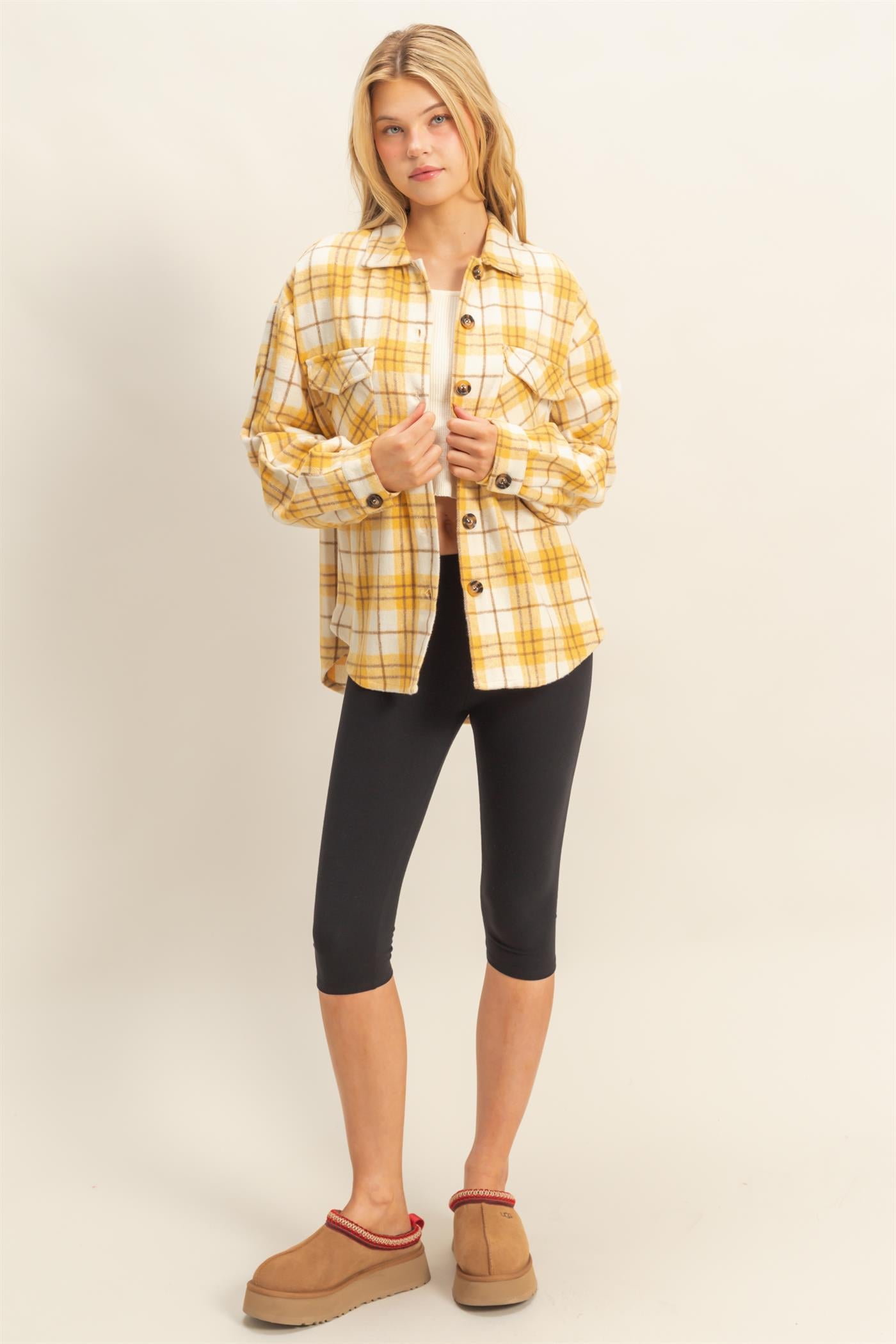 Wholesale Collared Plaid Shacket Shirts HF23G058 YELLOW HYFVE