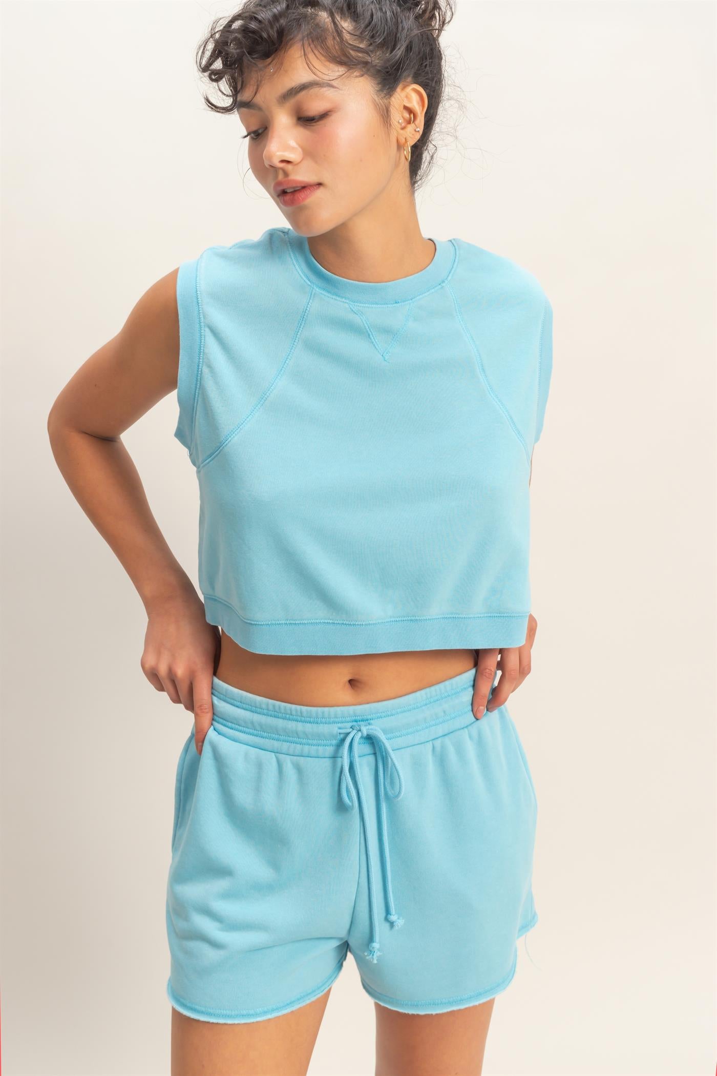 Wholesale Burnout French Terry Sleeveless Top & Shorts Set Clothing Tops DZ26A171-SET BLUE DOUBLE ZERO